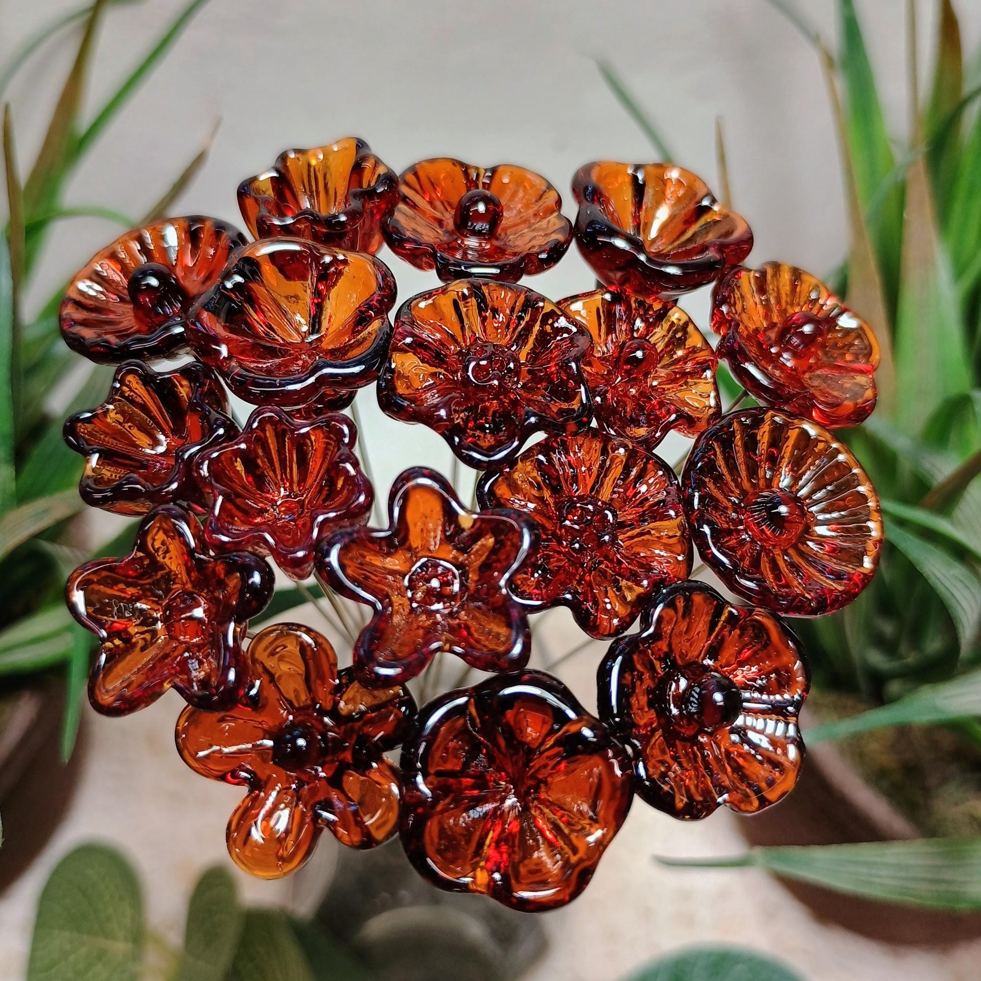 Dark Amber glass flowers, tiny small mini glass flowers on wire; lampwork, jewelry supply, forever flower, mixed media, wedding, small gifts