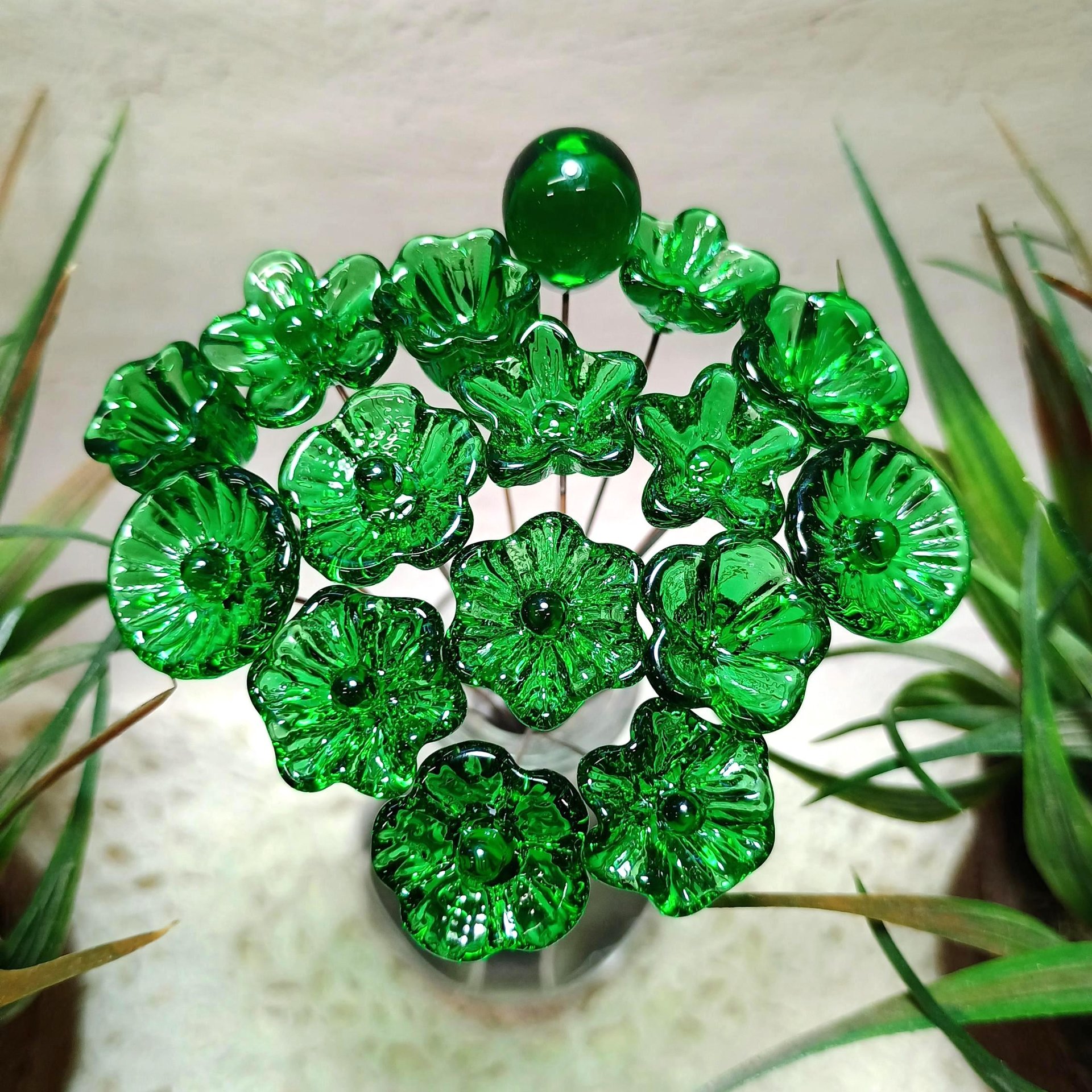 Kelly Green (medium) Irish glass flowers; small tiny mini glass flowers on wire; handcrafted lampwork, jewelry, mixed media, wedding, gifts