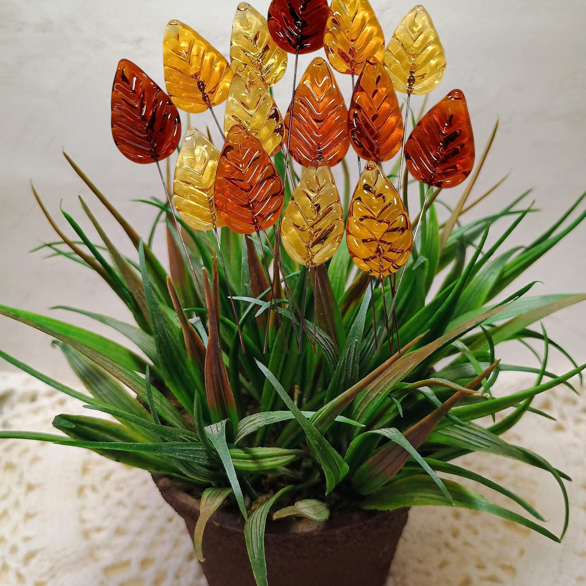 Amber Glass Leaves variety of ambers, fall autumn leaf on 5" wire; each unique; pendant, jewelry, bouquet, plants, wedding, mixed media