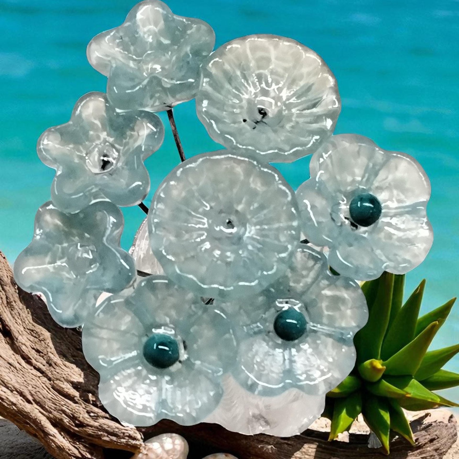 Seafoam miniature glass flower headpins, tiny small mini glass flowers on wire for jewelry, home decor, bouquet, weddings, cake decorating