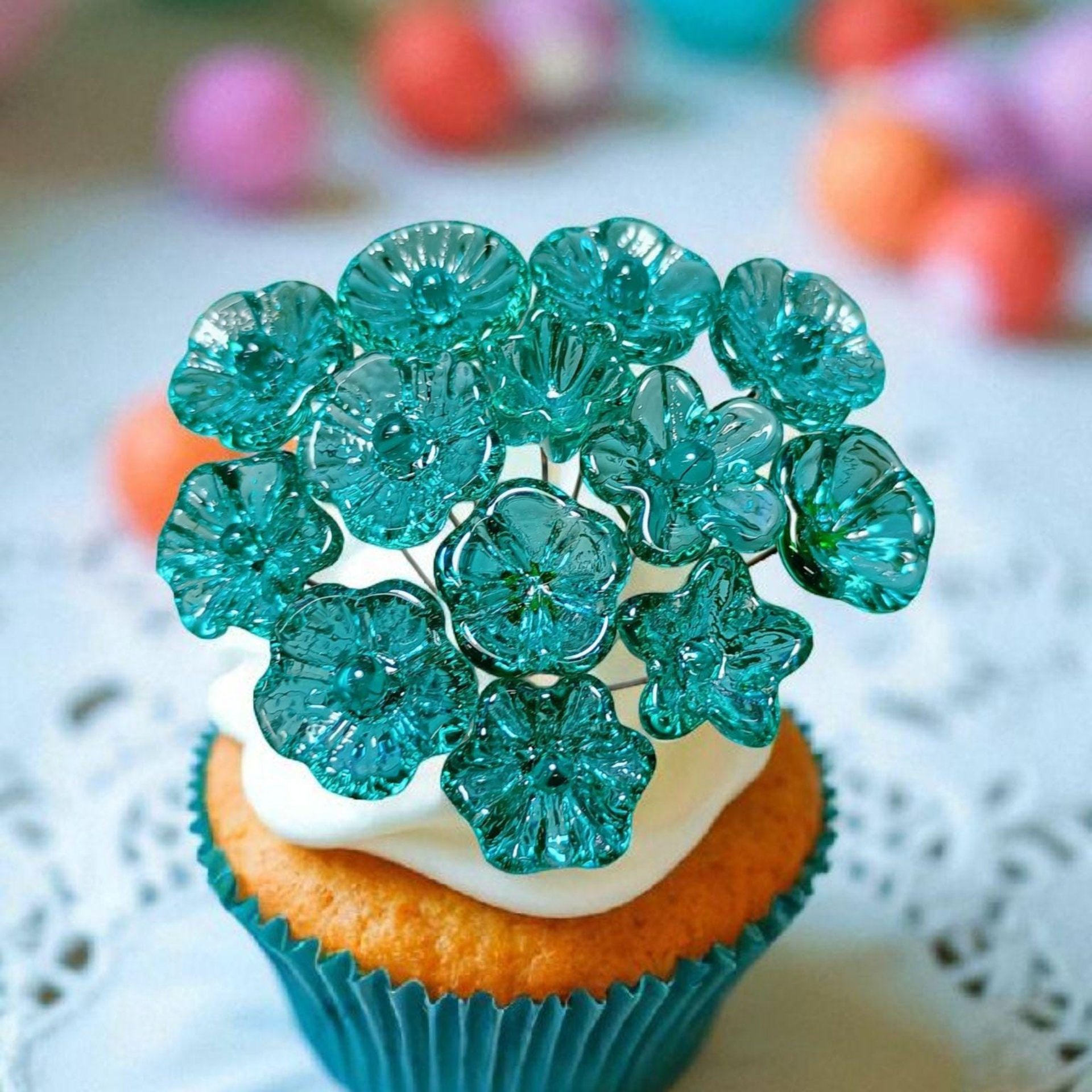 Light Seagreen Teal glass flowers on wire, tiny small mini handcrafted lampwork, jewelry, mixed media, wedding, cake decor, small great gift