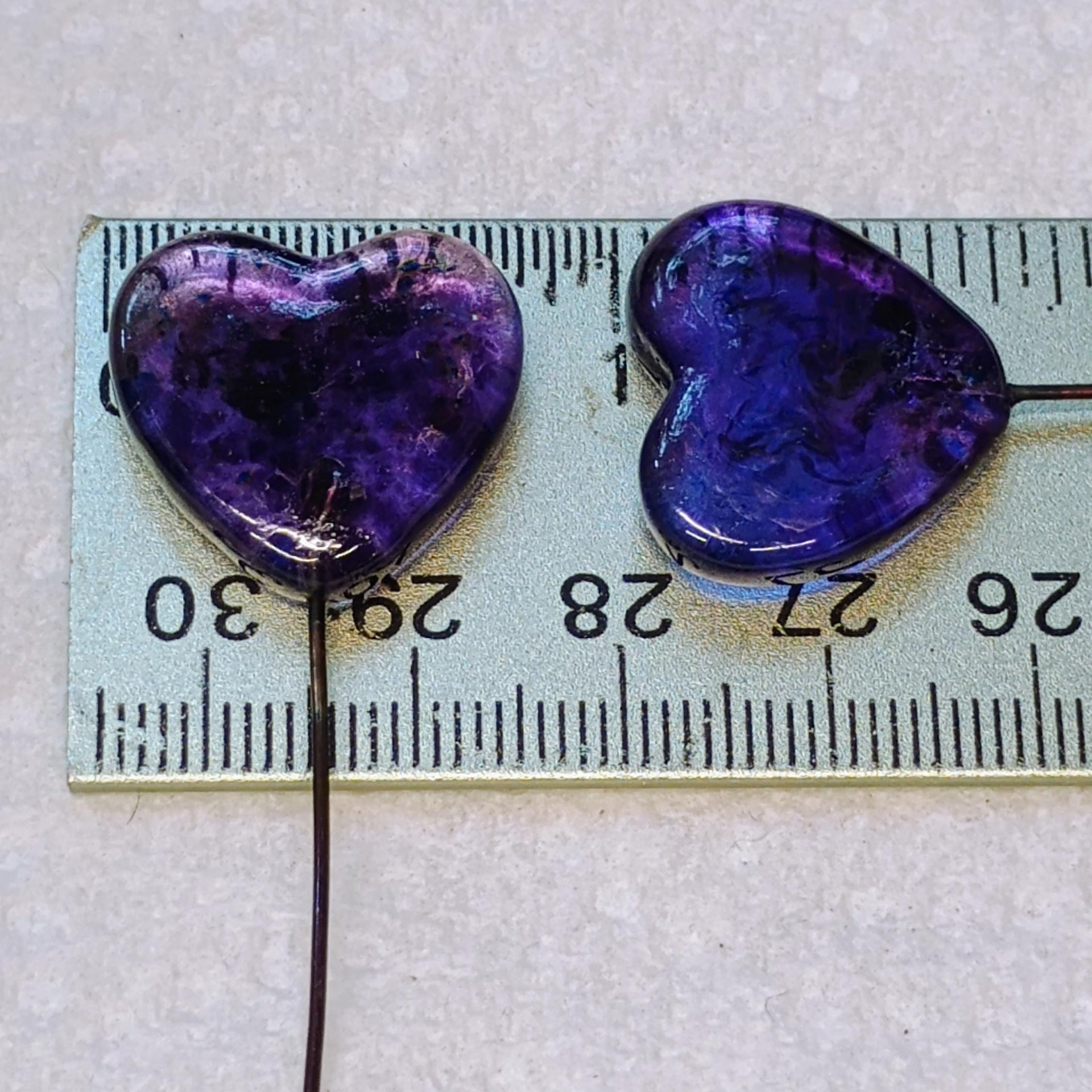 Glass Heart Plant Pick, Purple Mix on clear, 5in wire. Use for floral bouquet, wedding, cake decor, plants, jewelry, gifts; handmade 3/4in
