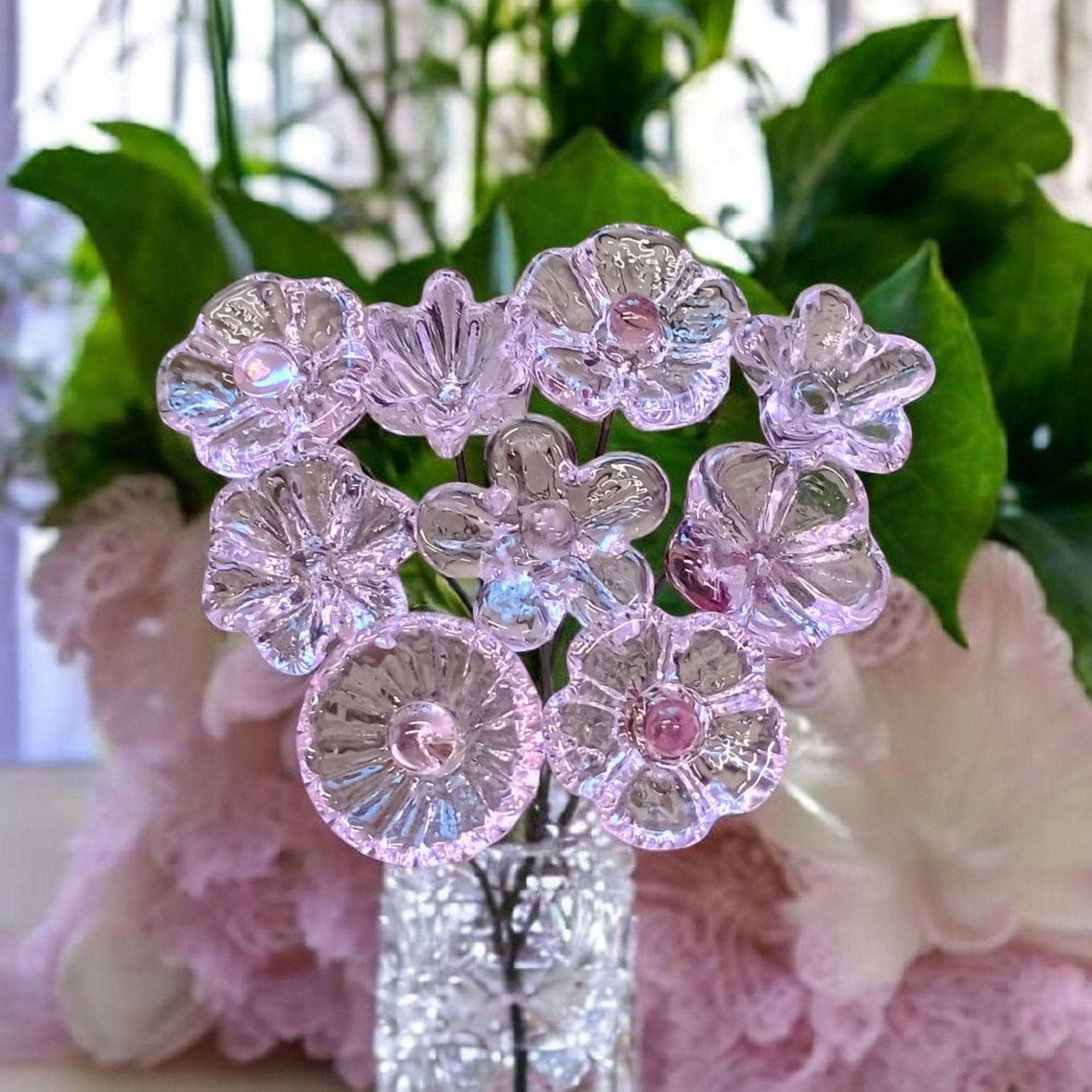 Pink Crystal glass flowers ~ tiny small miniature glass flowers on wire; for small bouquet gifts or jewelry, glass flowers made in my studio