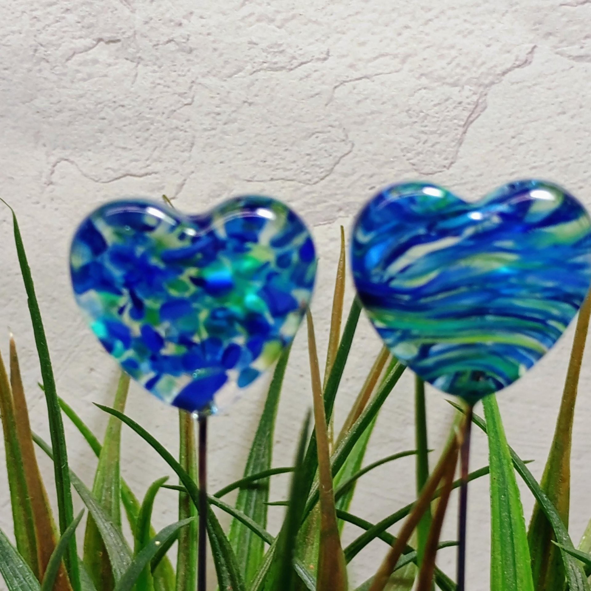 Glass Heart Plant Pick: Green Blue Frit Swirl, Heart on 5in wire. Use for floral bouquet, plants, jewelry, gifts; each unique Measures 3/4in