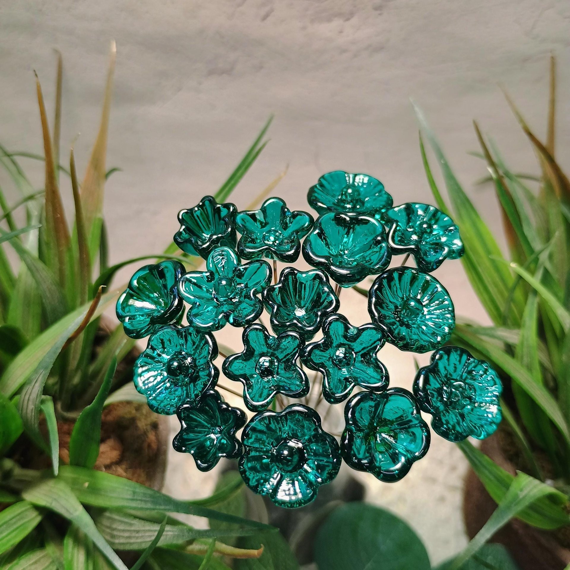 Dark Seagreen Teal glass flowers on wire, tiny small mini handcrafted lampwork, jewelry, mixed media, wedding, cake decor, small great gift