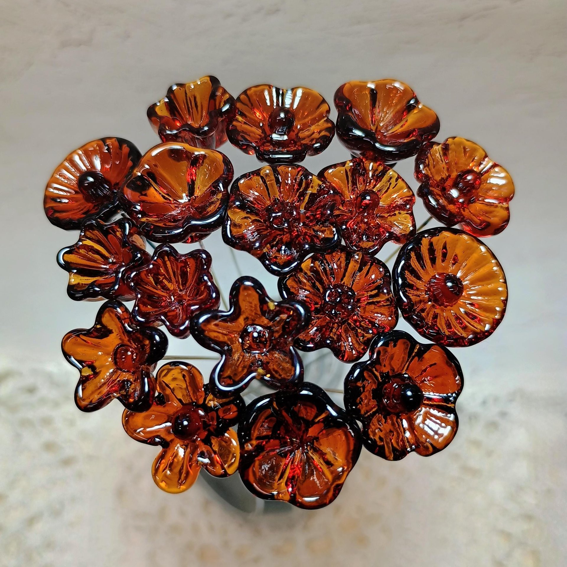 Dark Amber glass flowers, tiny small mini glass flowers on wire; lampwork, jewelry supply, forever flower, mixed media, wedding, small gifts