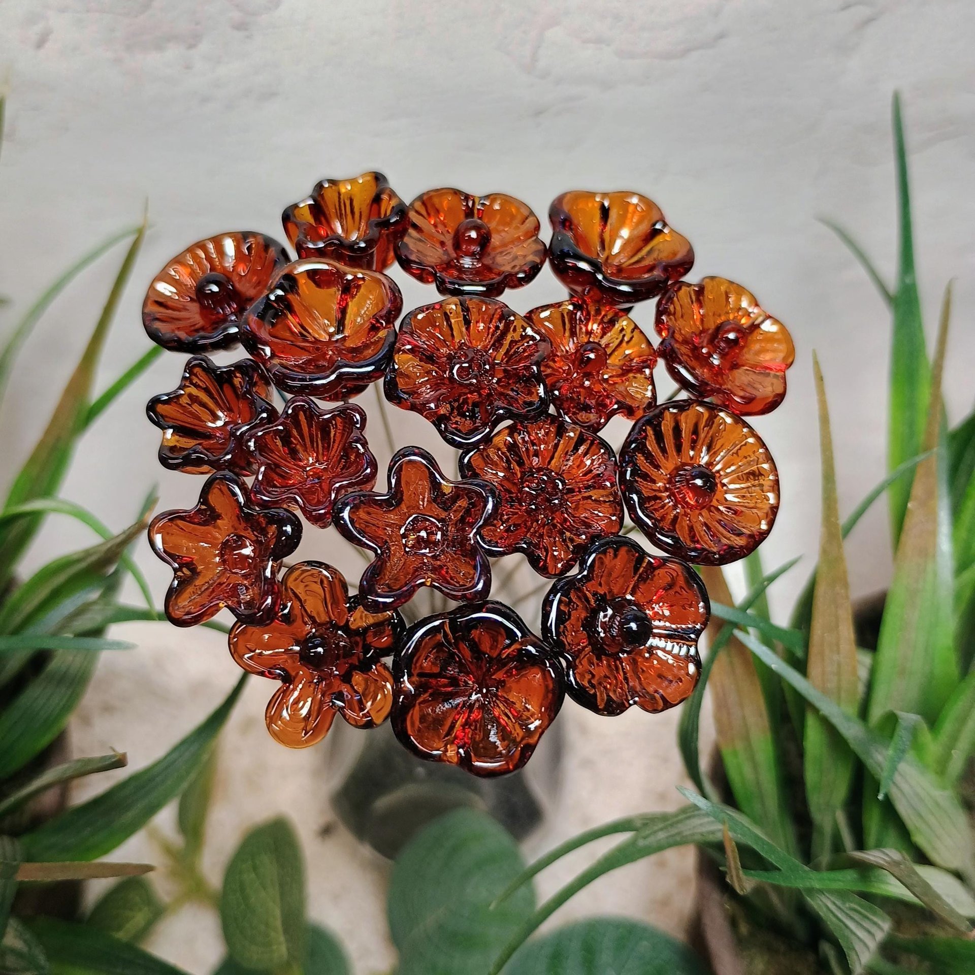 Dark Amber glass flowers, tiny small mini glass flowers on wire; lampwork, jewelry supply, forever flower, mixed media, wedding, small gifts