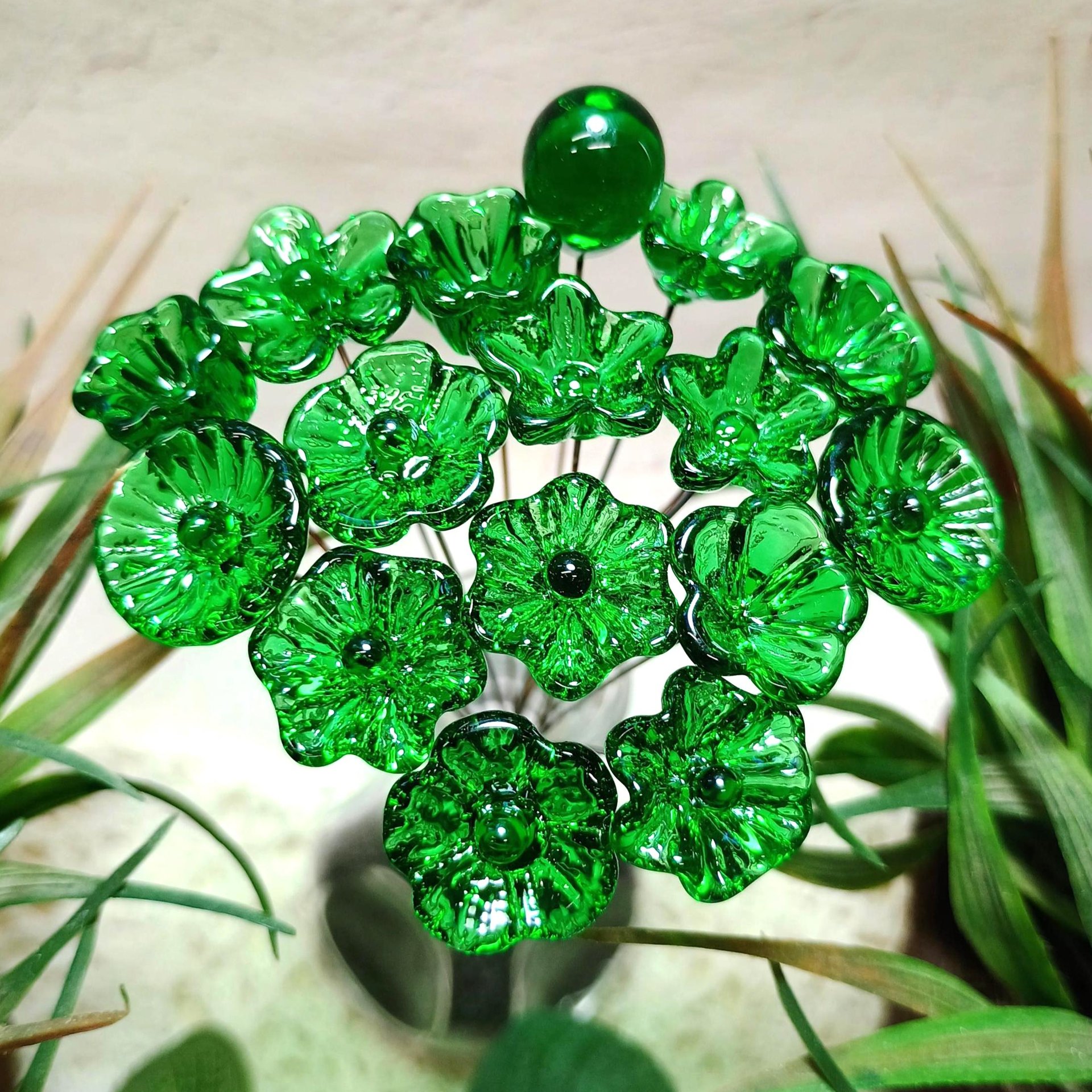 Kelly Green (medium) Irish glass flowers; small tiny mini glass flowers on wire; handcrafted lampwork, jewelry, mixed media, wedding, gifts