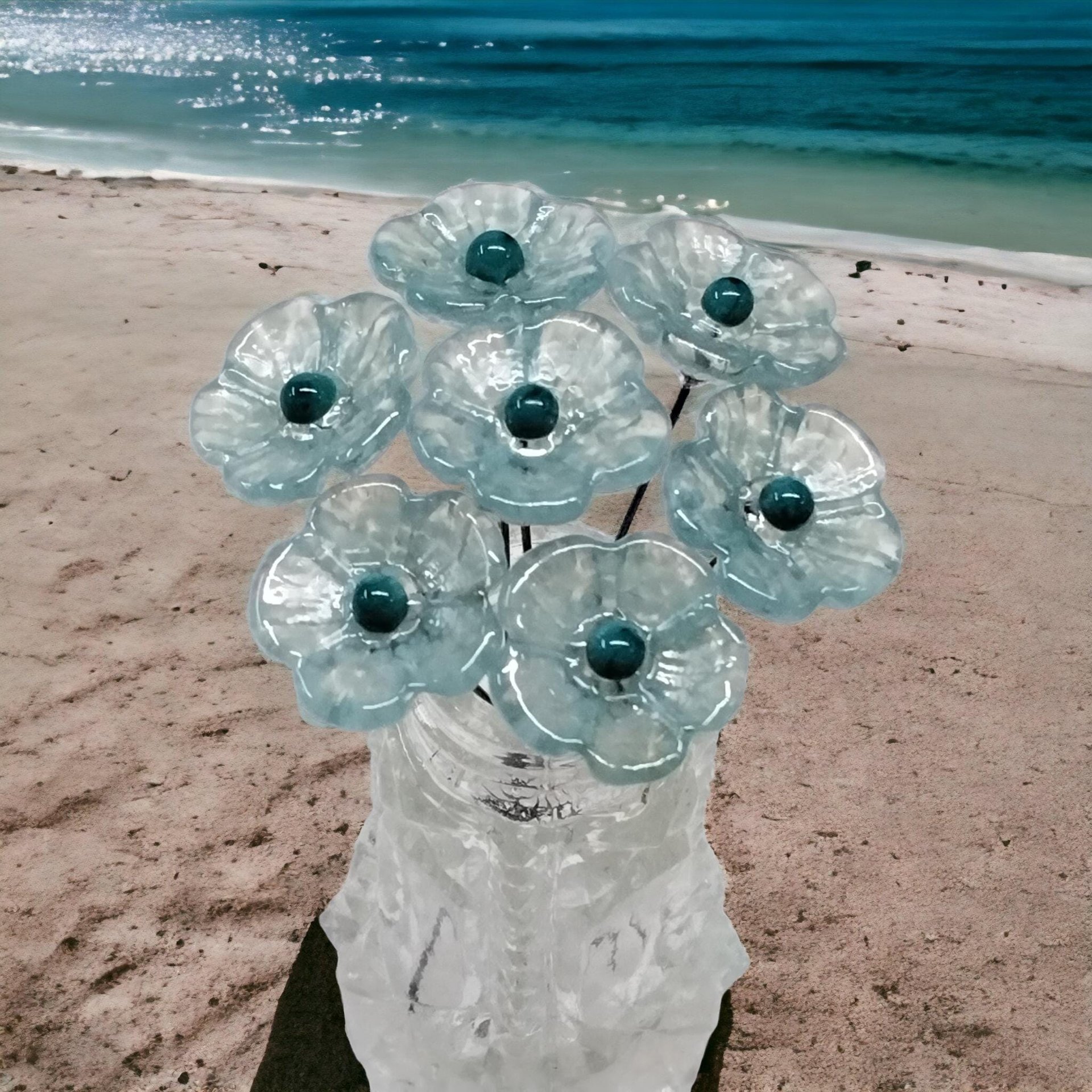 Seafoam miniature glass flower headpins, tiny small mini glass flowers on wire for jewelry, home decor, bouquet, weddings, cake decorating