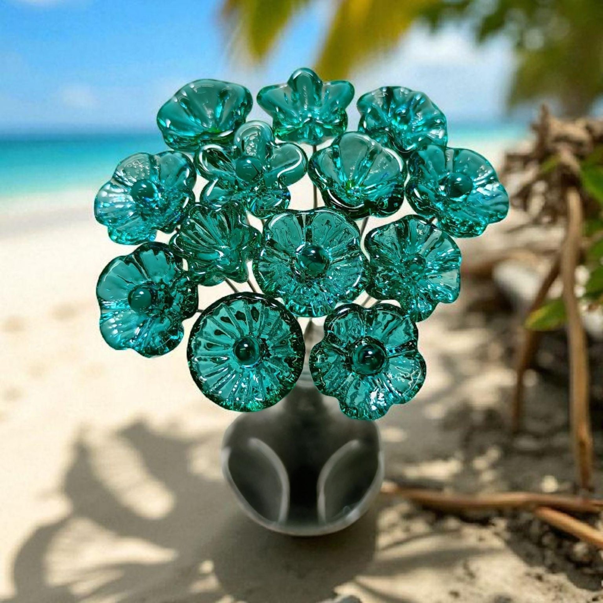 Light Seagreen Teal glass flowers on wire, tiny small mini handcrafted lampwork, jewelry, mixed media, wedding, cake decor, small great gift