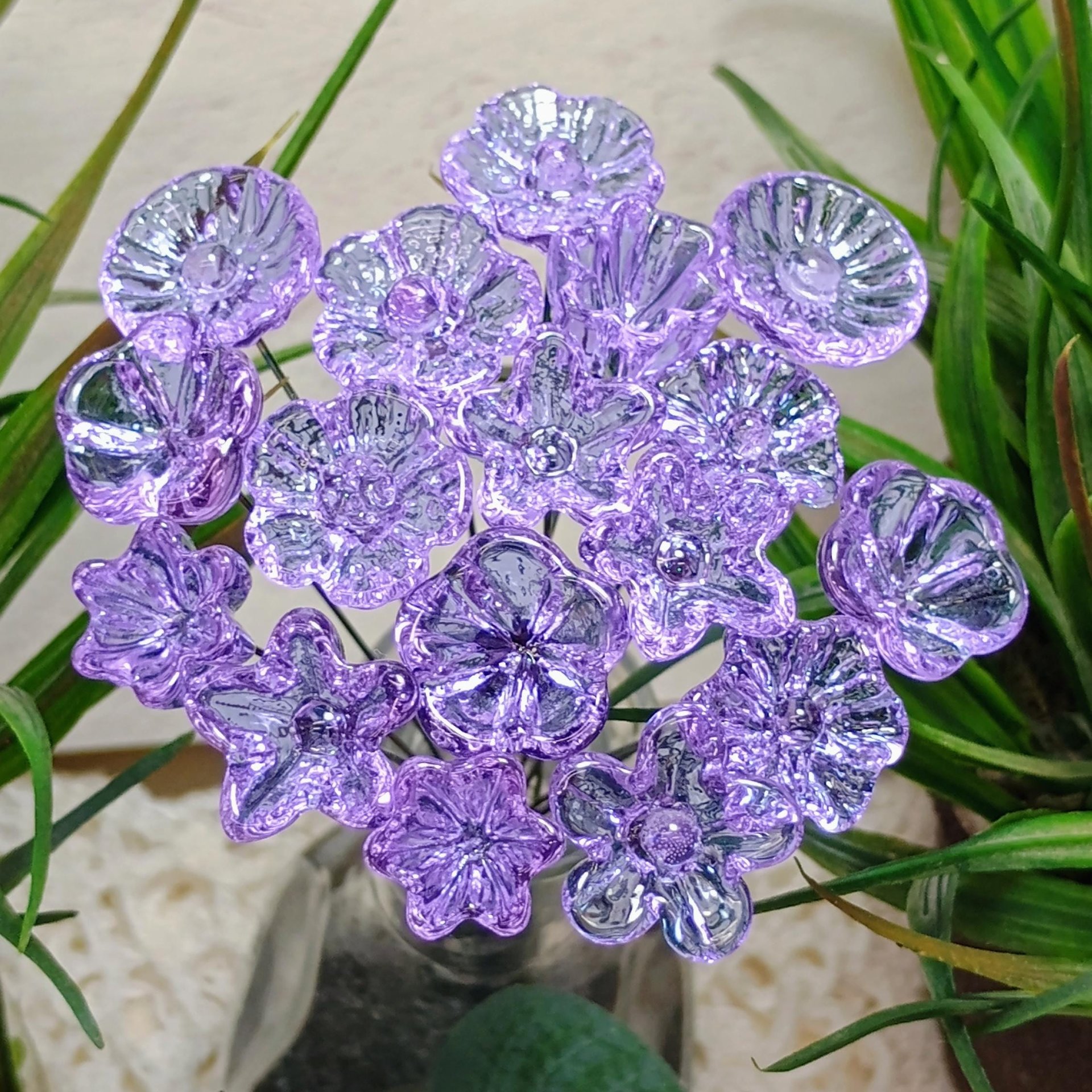 LIGHT LAVENDER glass flowers (June) tiny small mini glass flowers on wire; handcrafted lampwork, jewelry, mixed media, wedding, gift