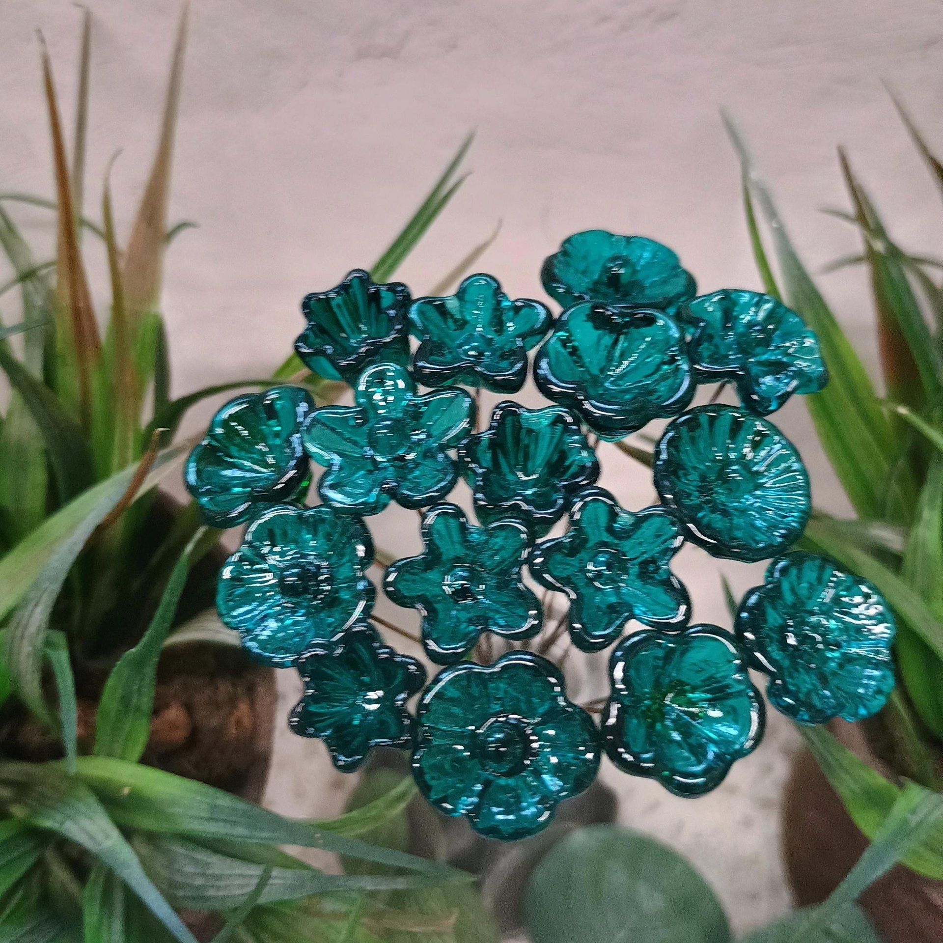 Dark Seagreen Teal glass flowers on wire, tiny small mini handcrafted lampwork, jewelry, mixed media, wedding, cake decor, small great gift