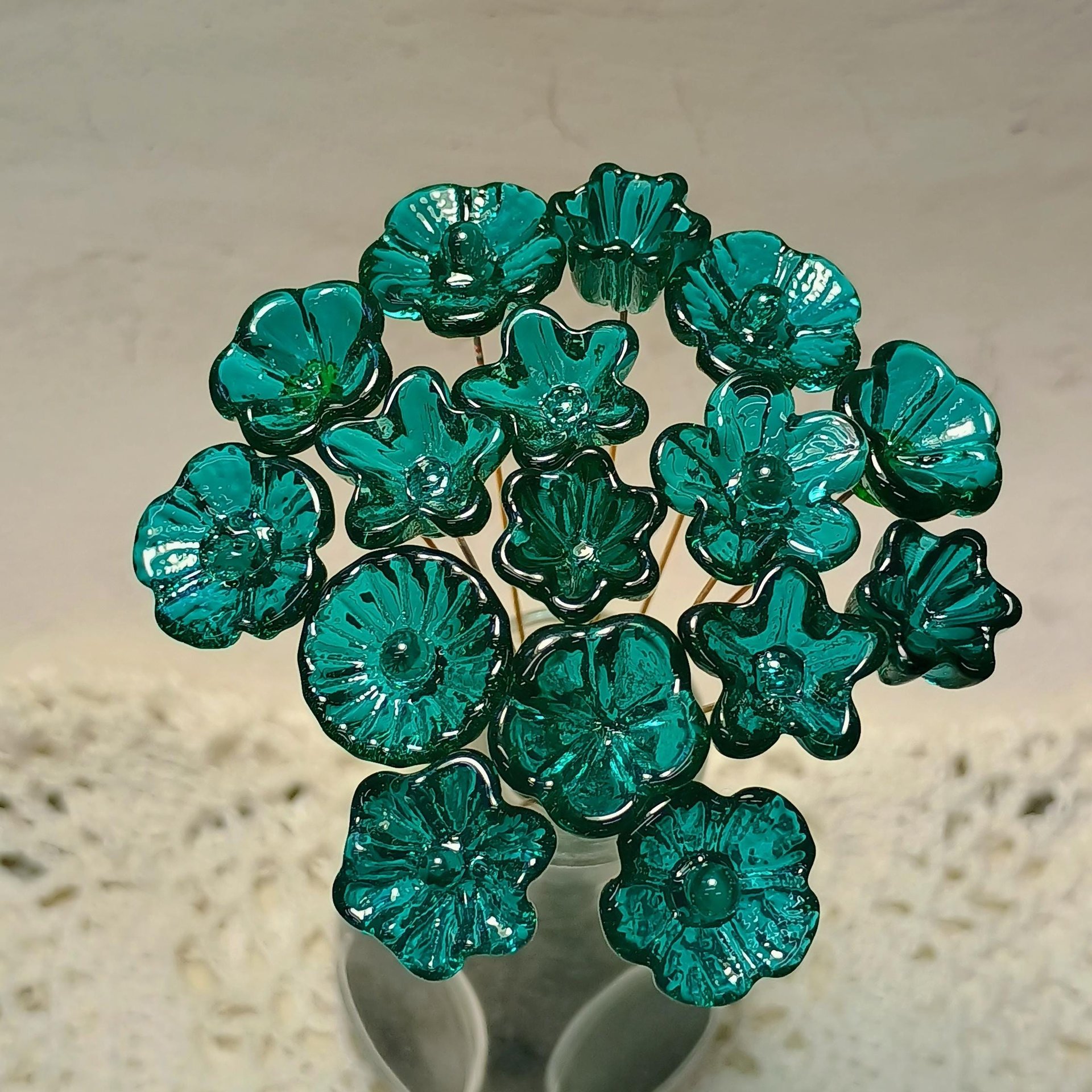 Dark Seagreen Teal glass flowers on wire, tiny small mini handcrafted lampwork, jewelry, mixed media, wedding, cake decor, small great gift