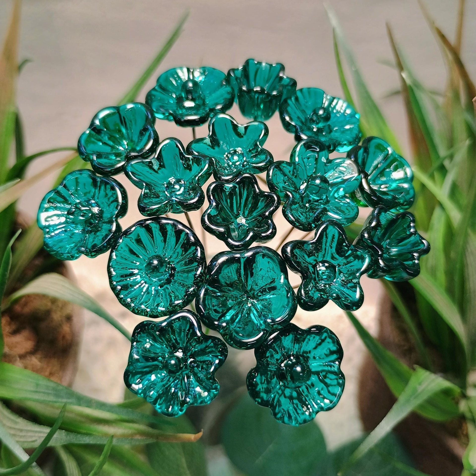 Dark Seagreen Teal glass flowers on wire, tiny small mini handcrafted lampwork, jewelry, mixed media, wedding, cake decor, small great gift