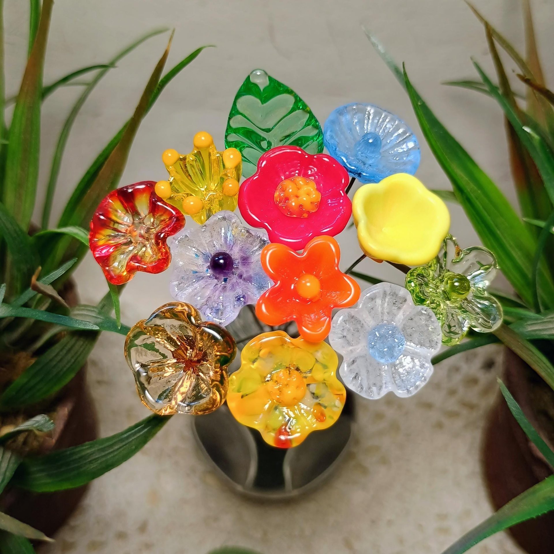 Uranium RAINBOW GLOW Bouquet multi color UV reactive mini tiny small glass flowers individually crafted lampwork colorful bouquet 395nm best