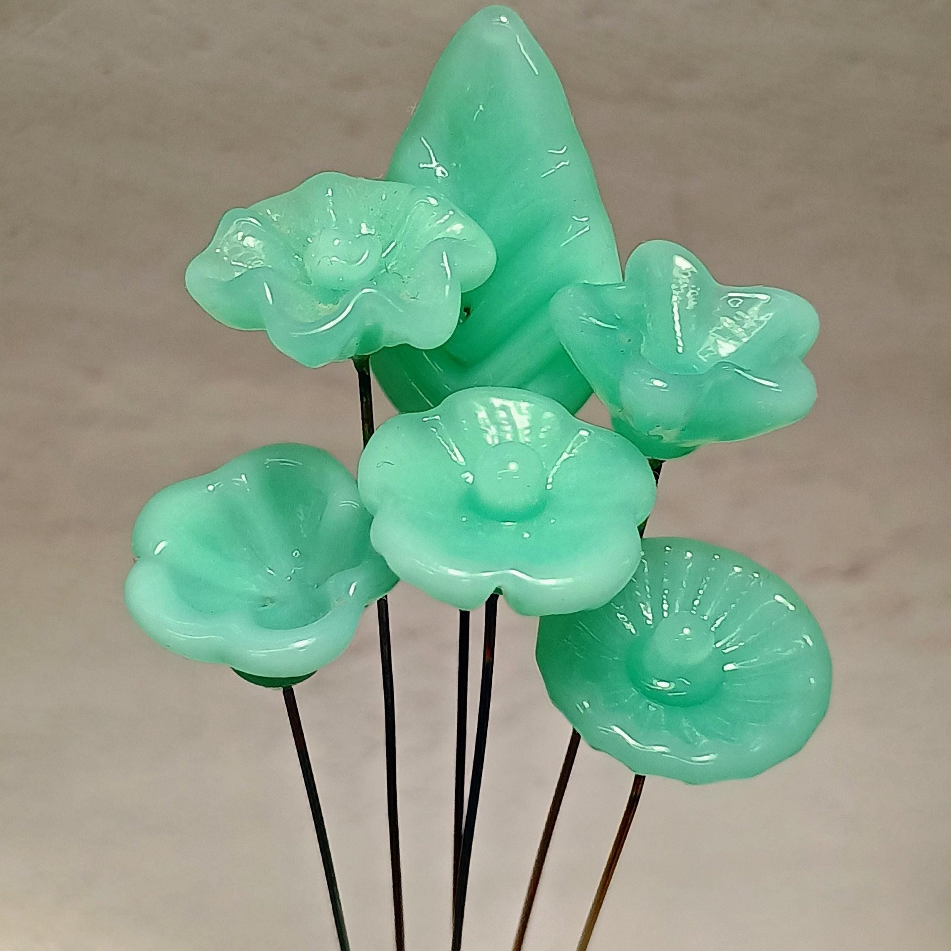 Jadeite Green Opalino glass flower, tiny small miniature glass flowers on wire; handcraft lampwork, great for jewelry, wedding, cakes, curio