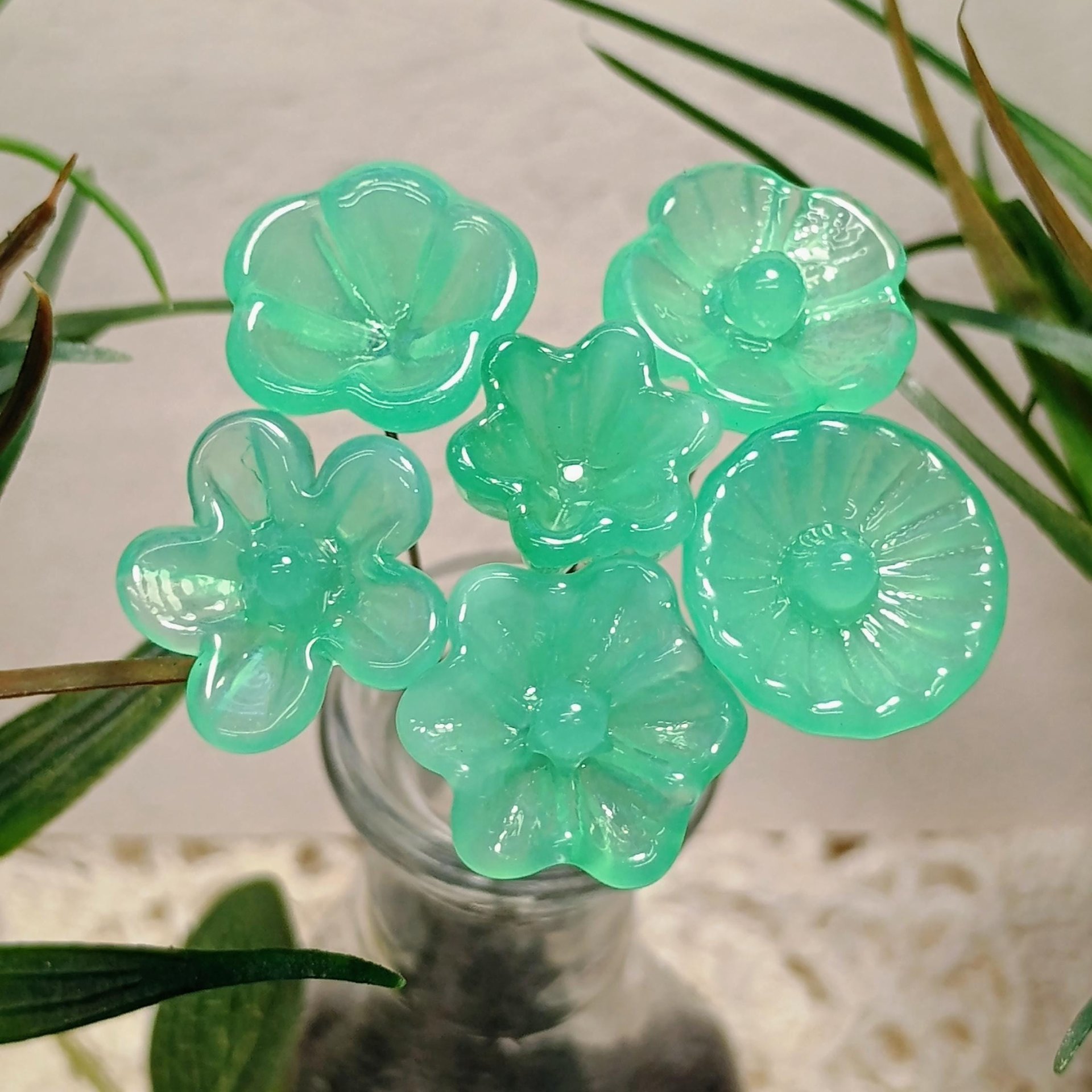 Limited Supply: Translucent Jadeite Green Opalino glass flower, tiny small miniature glass flowers on wire; lampwork jadeite curio gift