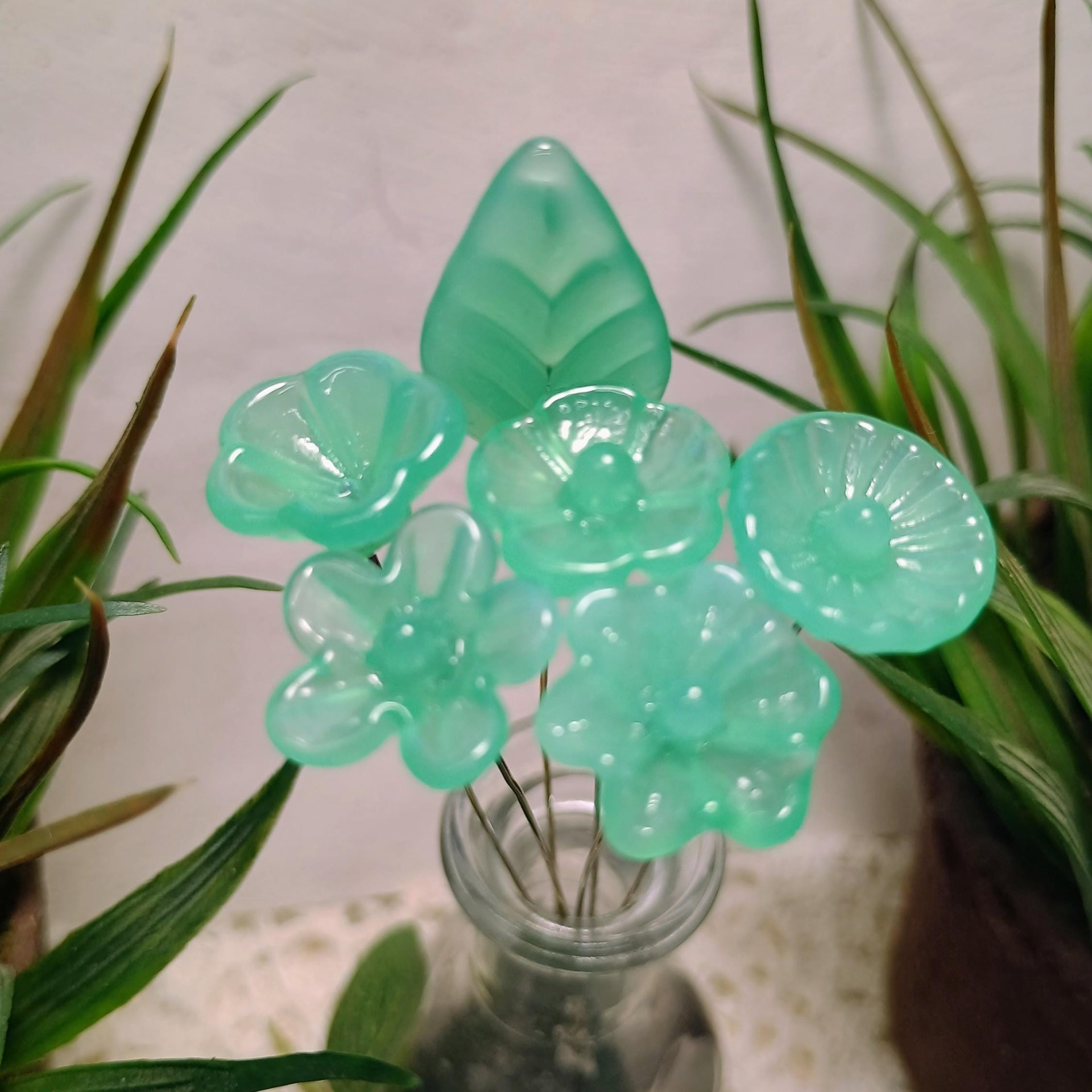 Limited Supply: Translucent Jadeite Green Opalino glass flower, tiny small miniature glass flowers on wire; lampwork jadeite curio gift