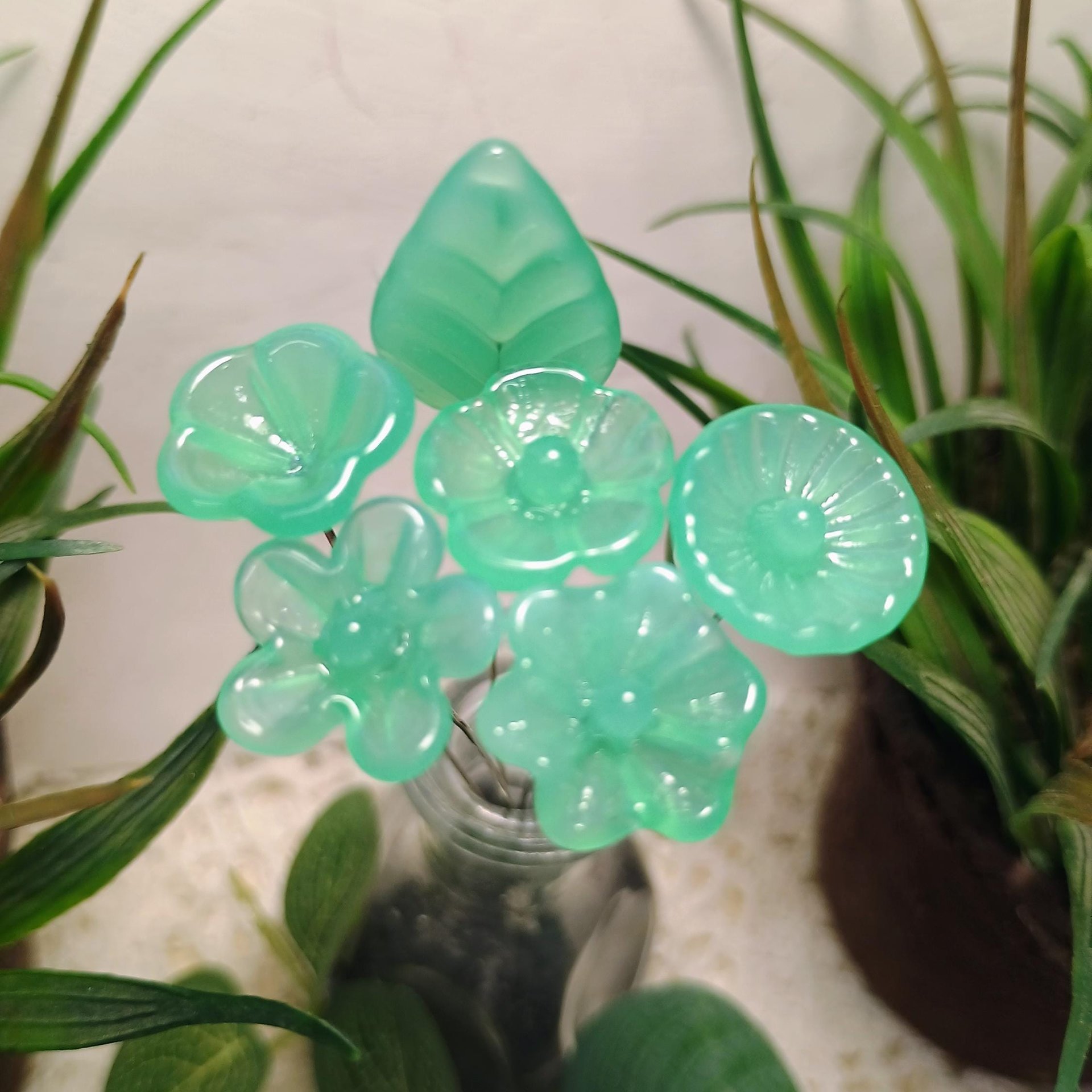 Limited Supply: Translucent Jadeite Green Opalino glass flower, tiny small miniature glass flowers on wire; lampwork jadeite curio gift