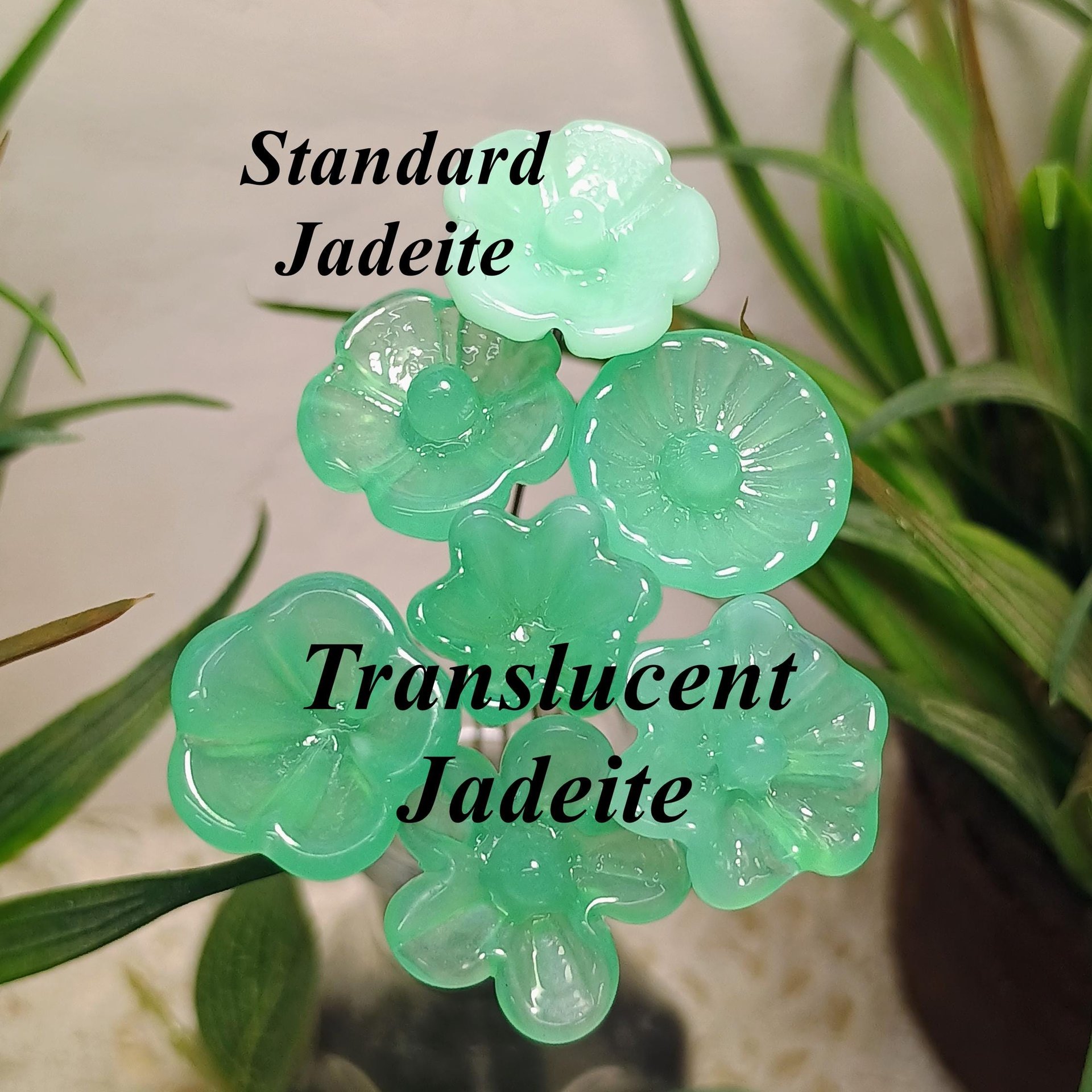Limited Supply: Translucent Jadeite Green Opalino glass flower, tiny small miniature glass flowers on wire; lampwork jadeite curio gift