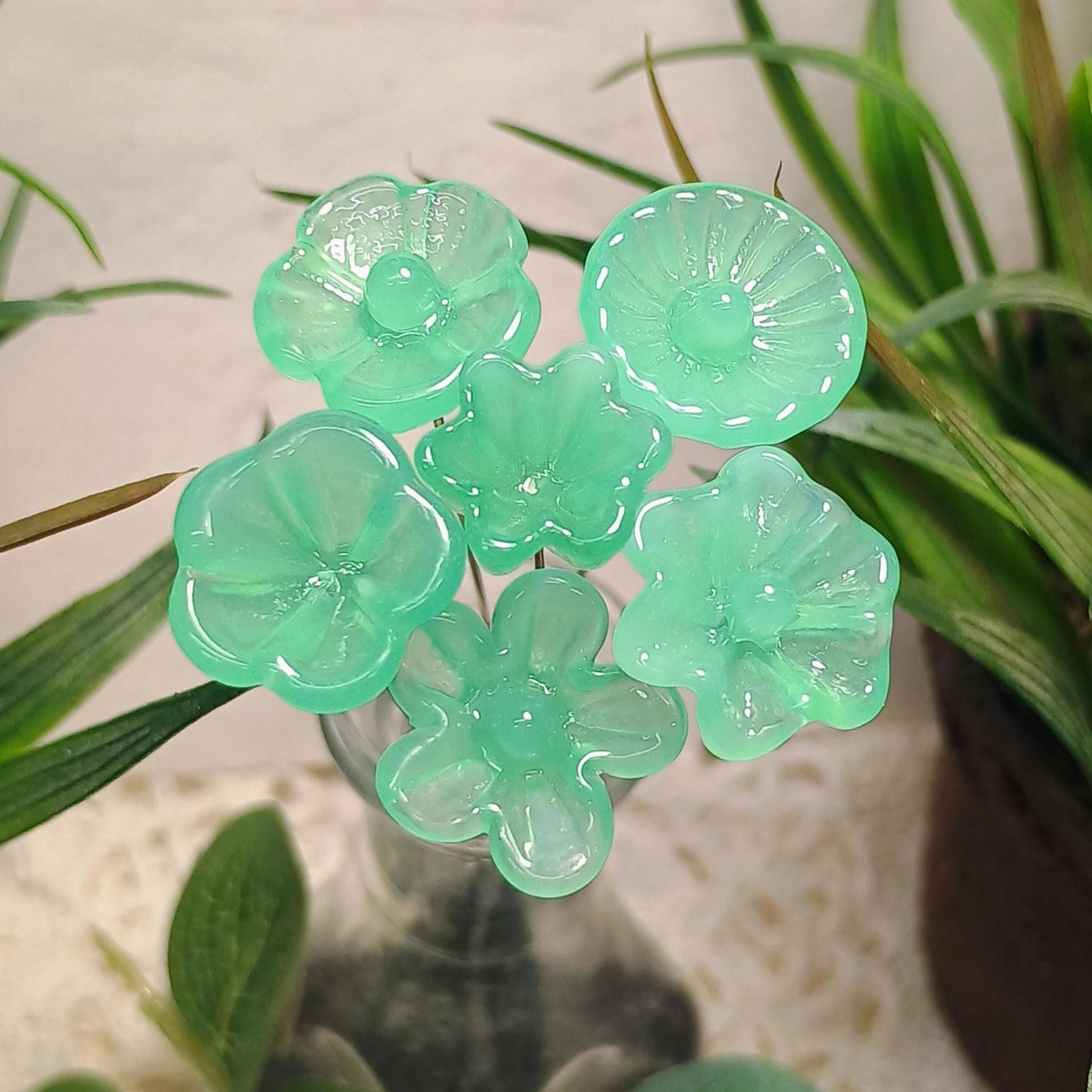 Limited Supply: Translucent Jadeite Green Opalino glass flower, tiny small miniature glass flowers on wire; lampwork jadeite curio gift