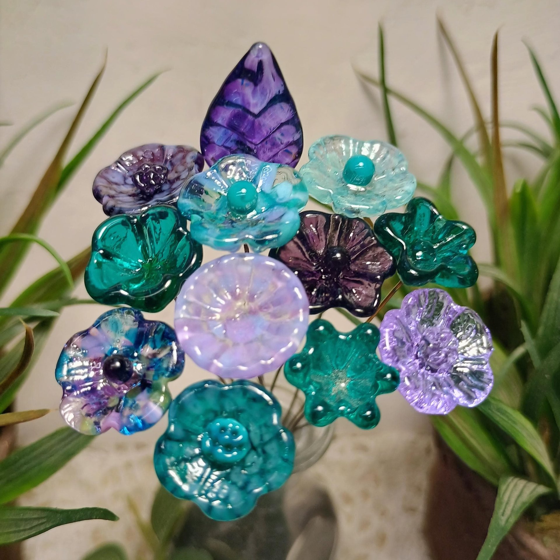 Purple Teal Sea Bouquet ~glass flowers+leaf, tiny small glass flowers handcrafted lampwork, gift, curio, windowsill, jewelry supply, wedding