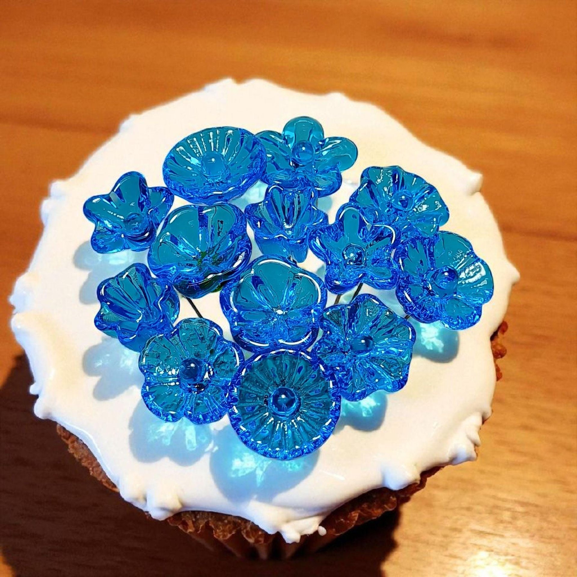 Dark Aqua glass flowers on wire, tiny small mini handcrafted lampwork, plant pick, jewelry, mixed media, wedding, cake decor, great gift