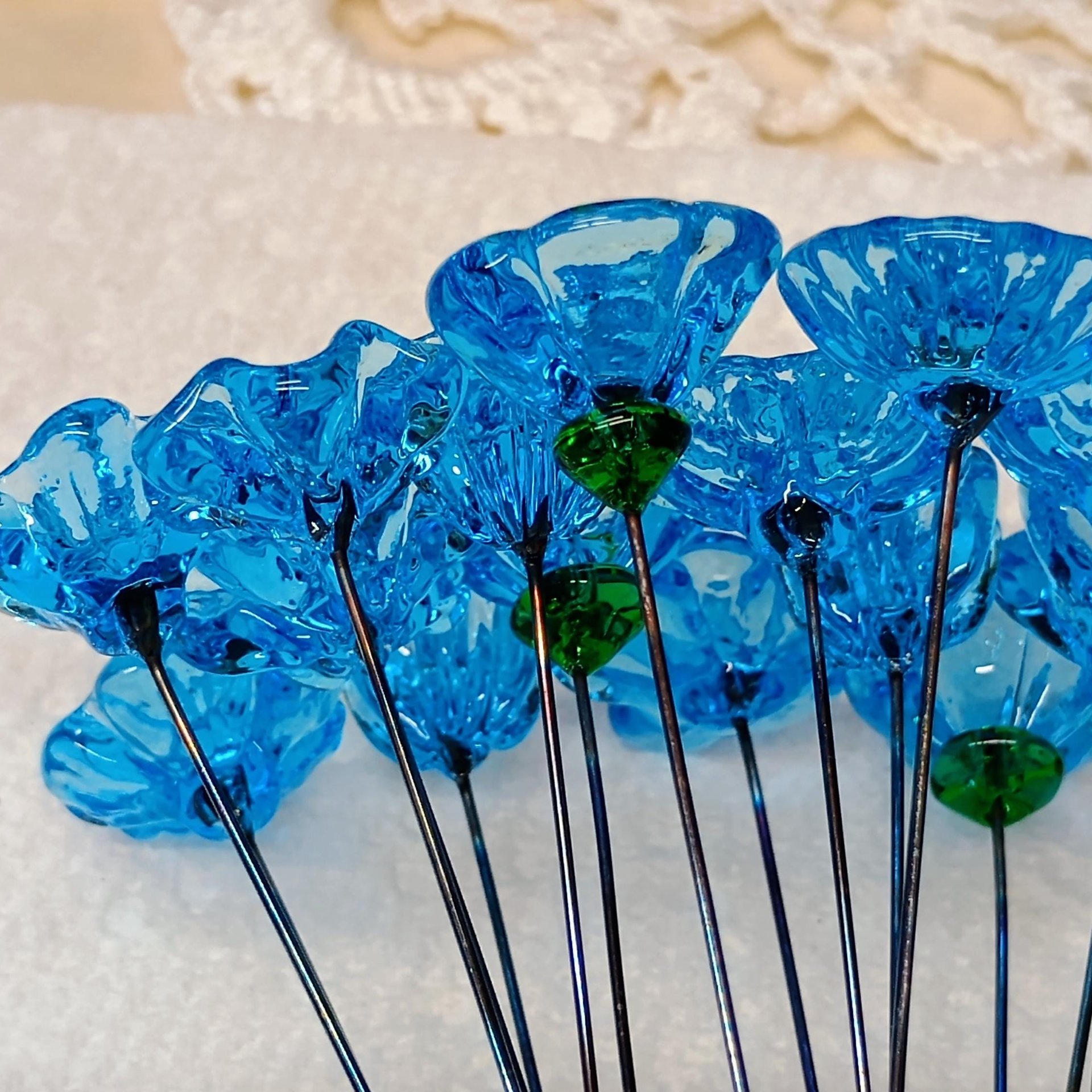 Dark Aqua glass flowers on wire, tiny small mini handcrafted lampwork, plant pick, jewelry, mixed media, wedding, cake decor, great gift