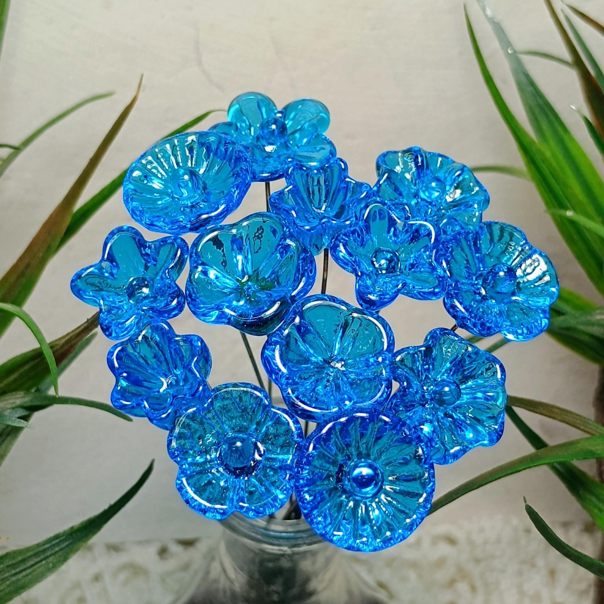 Dark Aqua glass flowers on wire, tiny small mini handcrafted lampwork, plant pick, jewelry, mixed media, wedding, cake decor, great gift