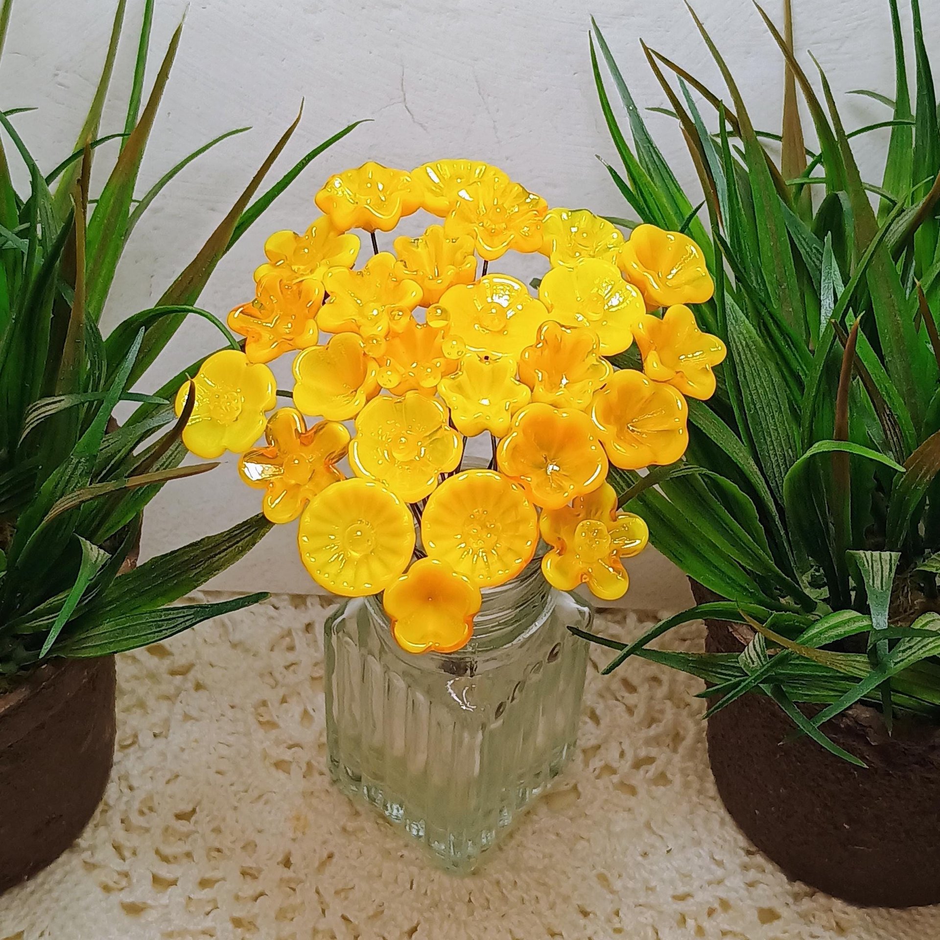 YELLOW TRANSLUCENT glass flower headpins, tiny small miniature glass flowers on wire; jewelry supply, curio, windowsill, small bouquet, gift