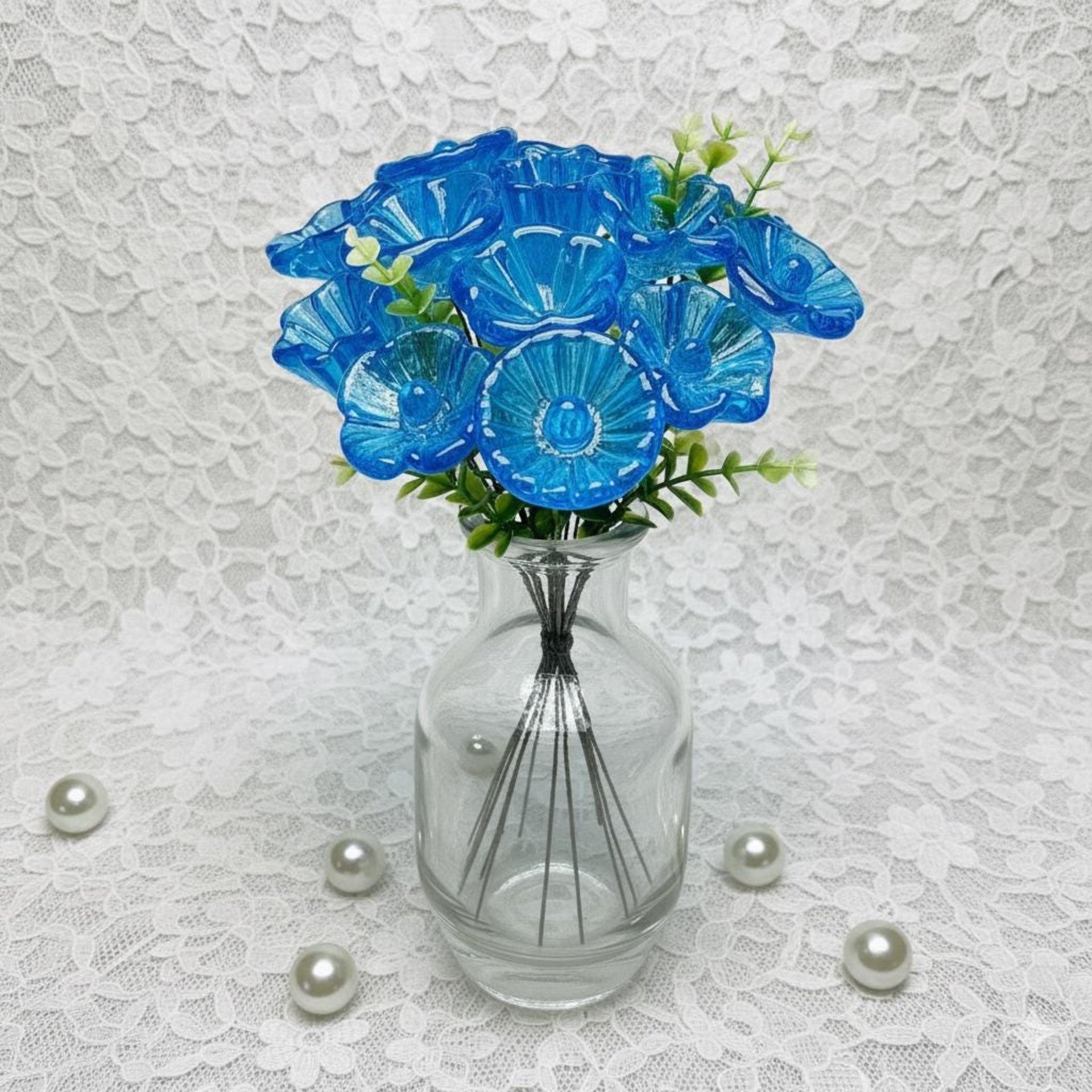 Dark Aqua glass flowers on wire, tiny small mini handcrafted lampwork, plant pick, jewelry, mixed media, wedding, cake decor, great gift