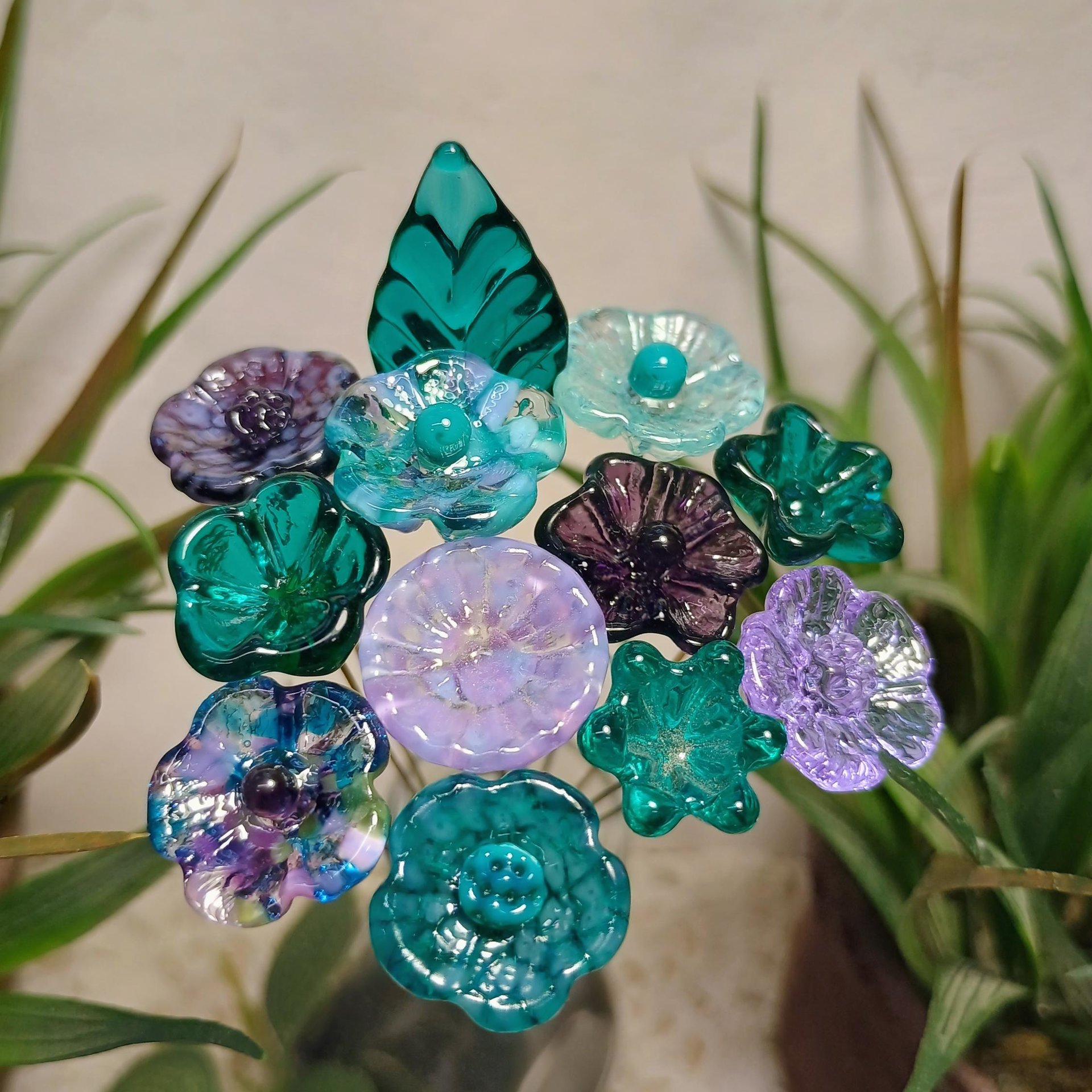 Purple Teal Sea Bouquet ~glass flowers+leaf, tiny small glass flowers handcrafted lampwork, gift, curio, windowsill, jewelry supply, wedding