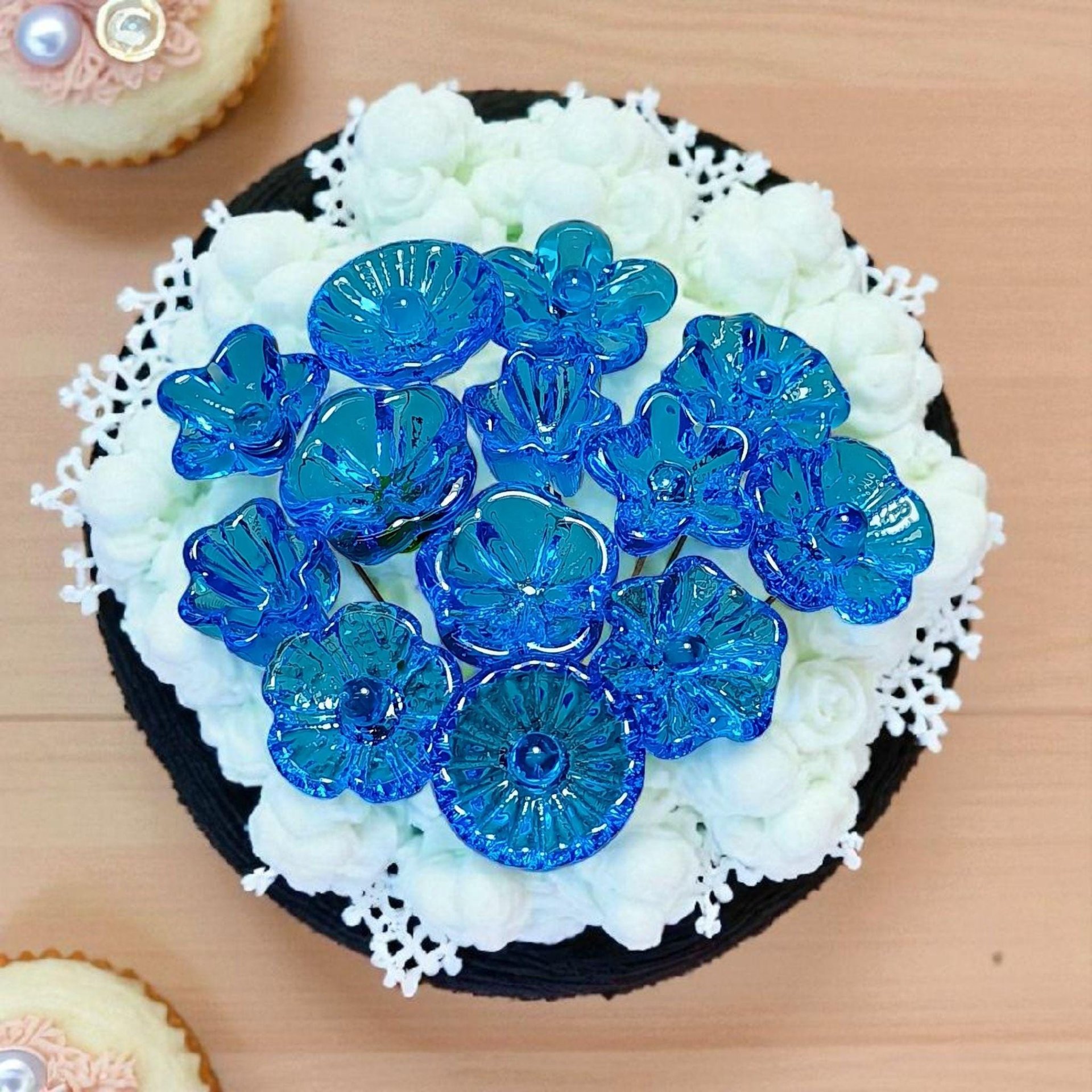 Dark Aqua glass flowers on wire, tiny small mini handcrafted lampwork, plant pick, jewelry, mixed media, wedding, cake decor, great gift