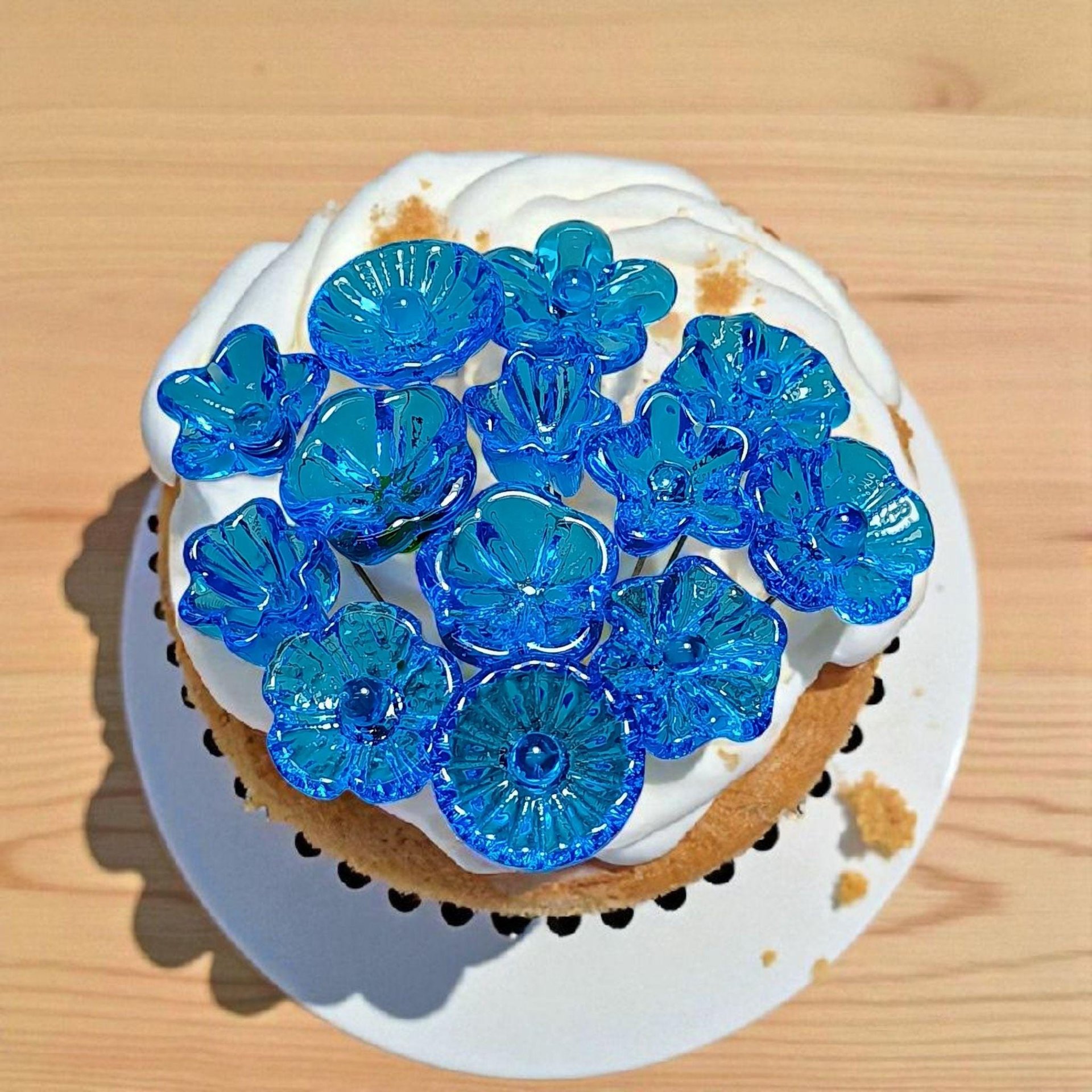 Dark Aqua glass flowers on wire, tiny small mini handcrafted lampwork, plant pick, jewelry, mixed media, wedding, cake decor, great gift