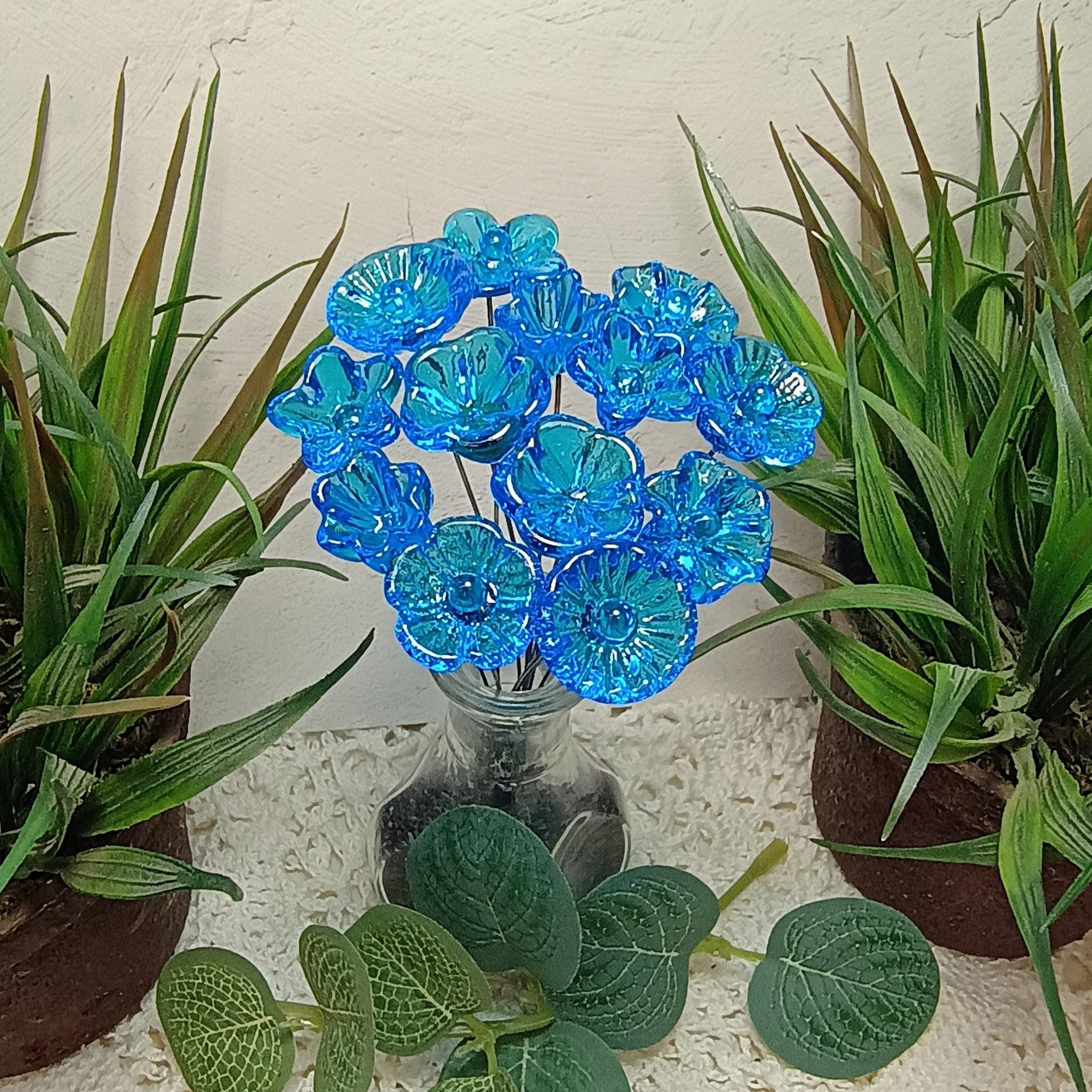 Dark Aqua glass flowers on wire, tiny small mini handcrafted lampwork, plant pick, jewelry, mixed media, wedding, cake decor, great gift