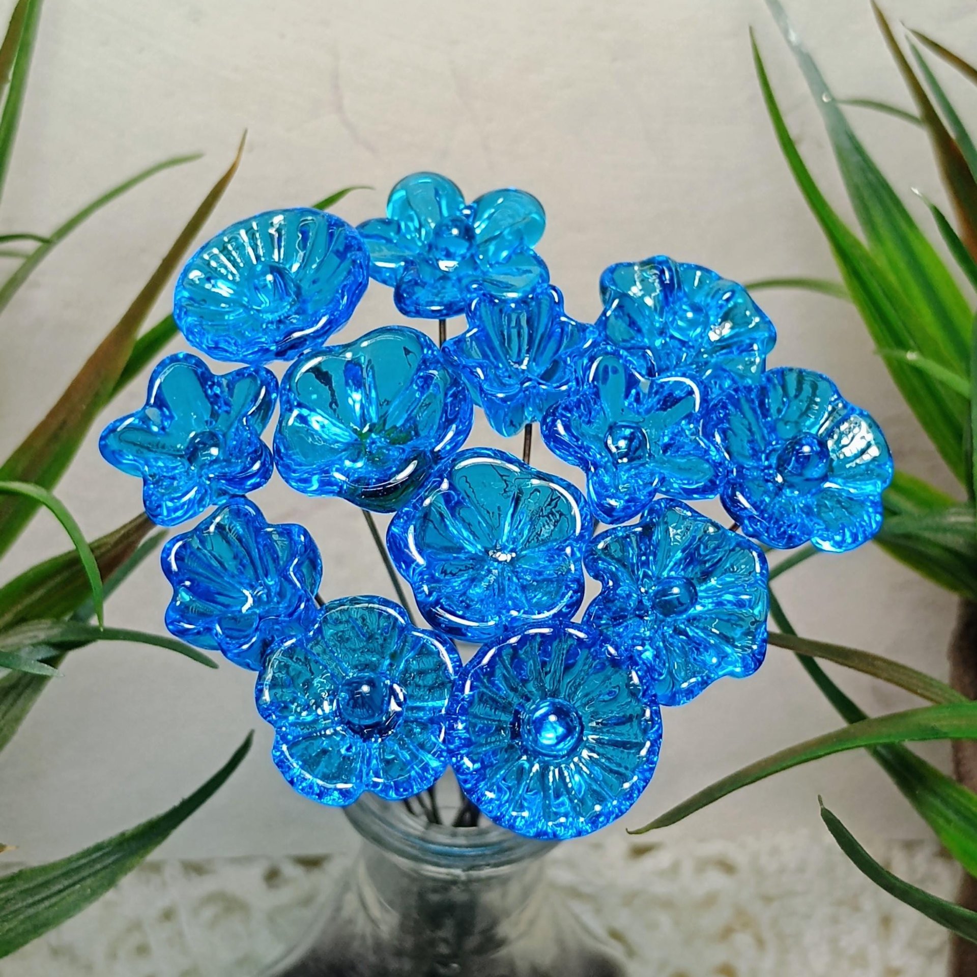 Dark Aqua glass flowers on wire, tiny small mini handcrafted lampwork, plant pick, jewelry, mixed media, wedding, cake decor, great gift