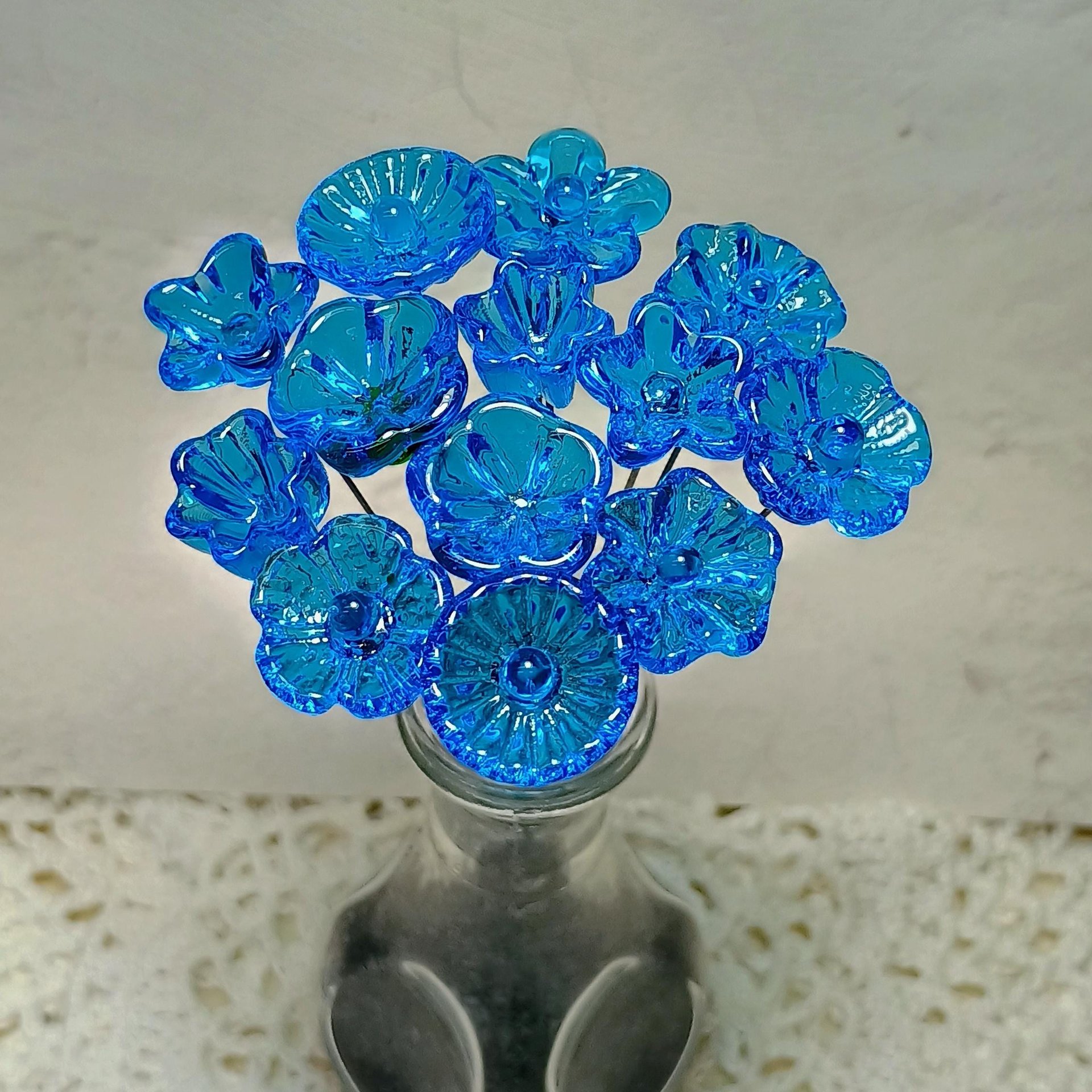 Dark Aqua glass flowers on wire, tiny small mini handcrafted lampwork, plant pick, jewelry, mixed media, wedding, cake decor, great gift