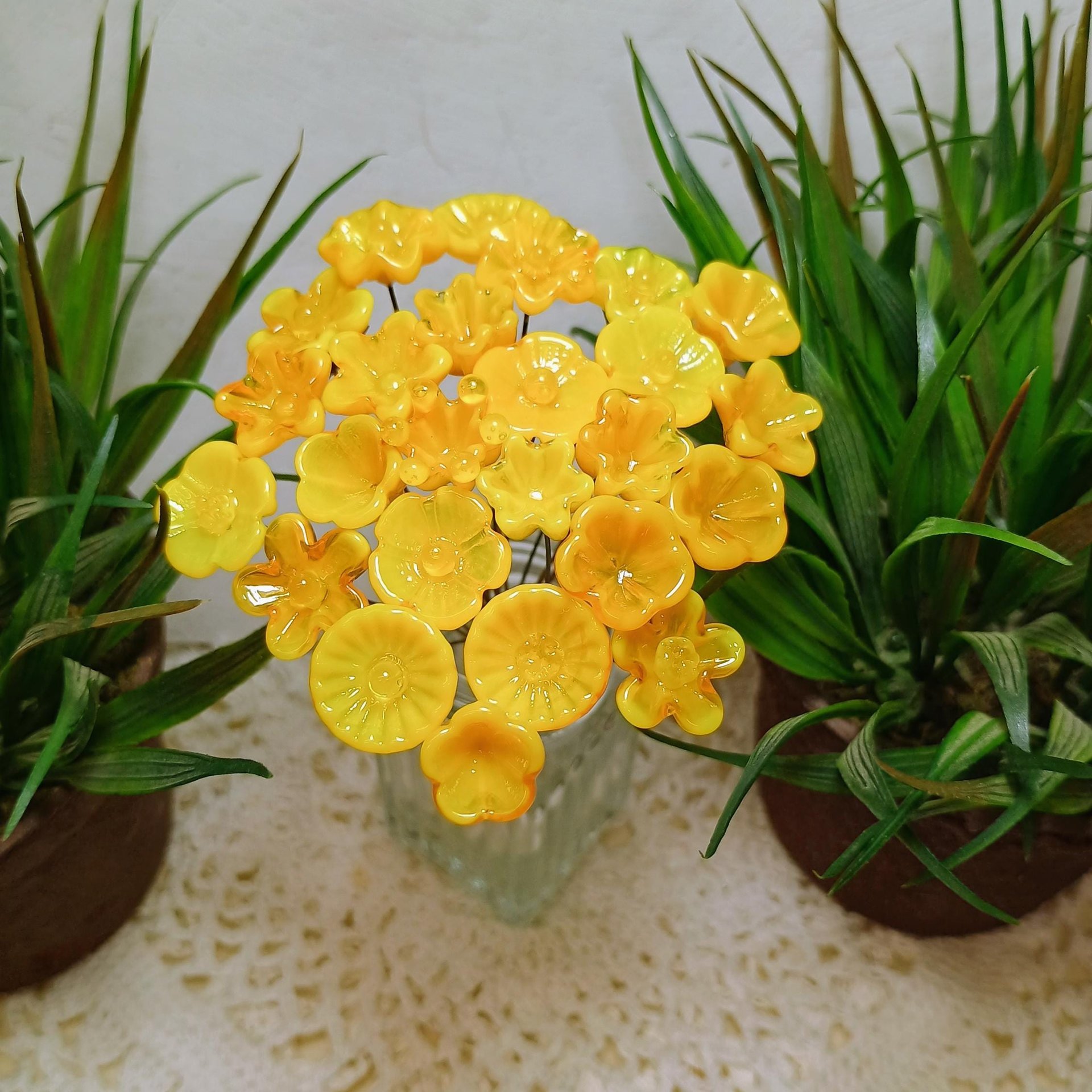 YELLOW TRANSLUCENT glass flower headpins, tiny small miniature glass flowers on wire; jewelry supply, curio, windowsill, small bouquet, gift