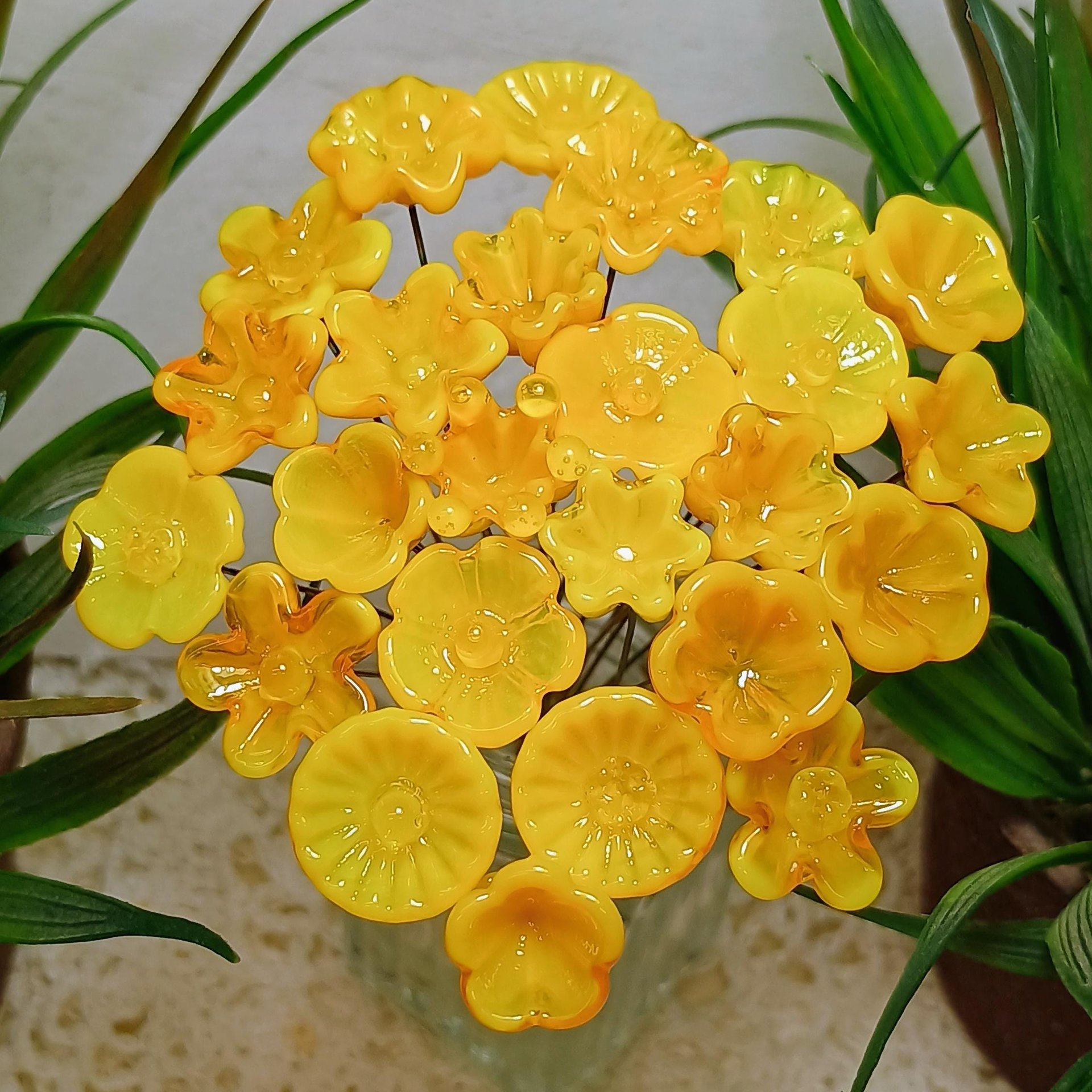 YELLOW TRANSLUCENT glass flower headpins, tiny small miniature glass flowers on wire; jewelry supply, curio, windowsill, small bouquet, gift