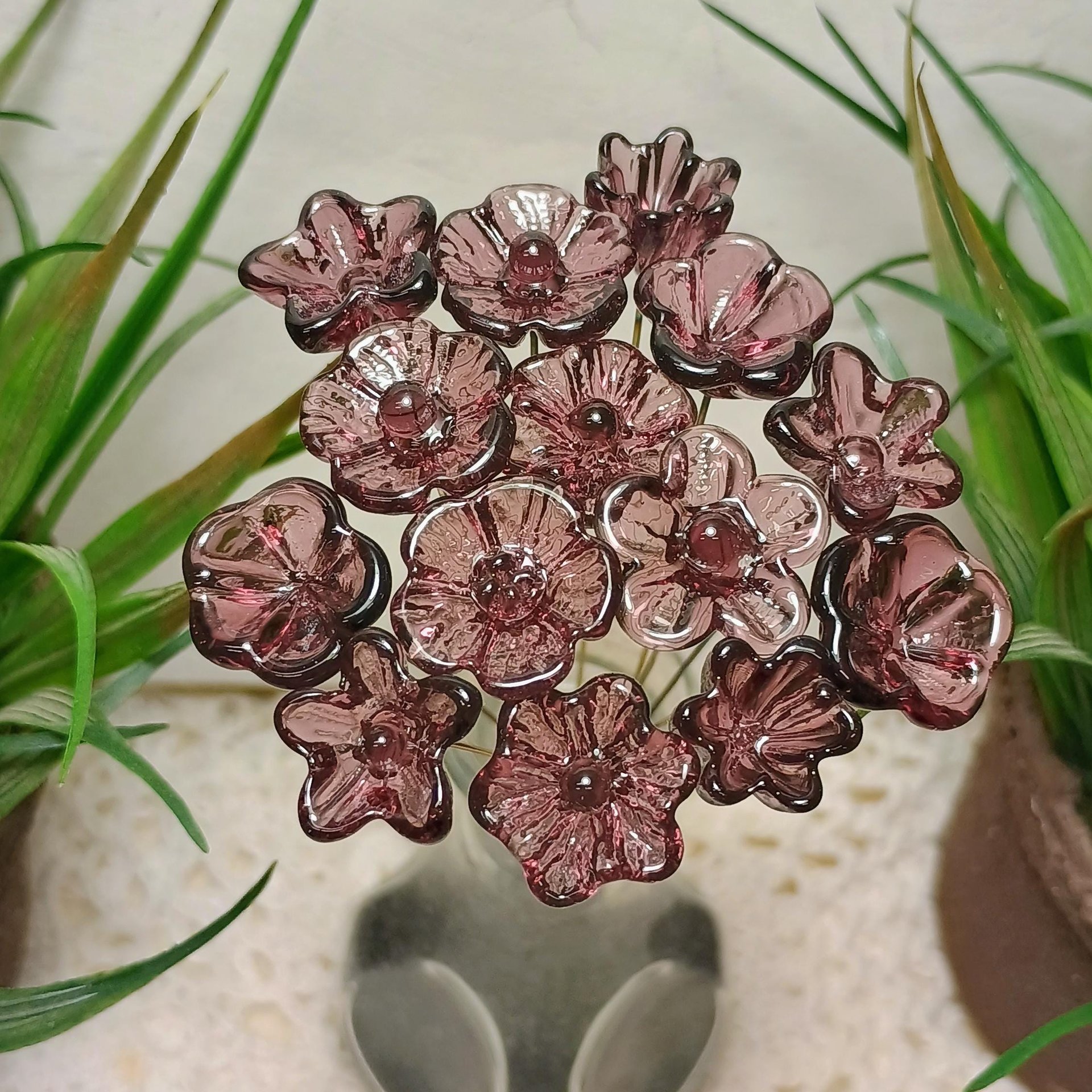 DARK ROSE' WINE glass flower headpins; mini tiny small glass flowers on wire; handcraft lampwork, jewelry, mixed media, wedding, plant, gift