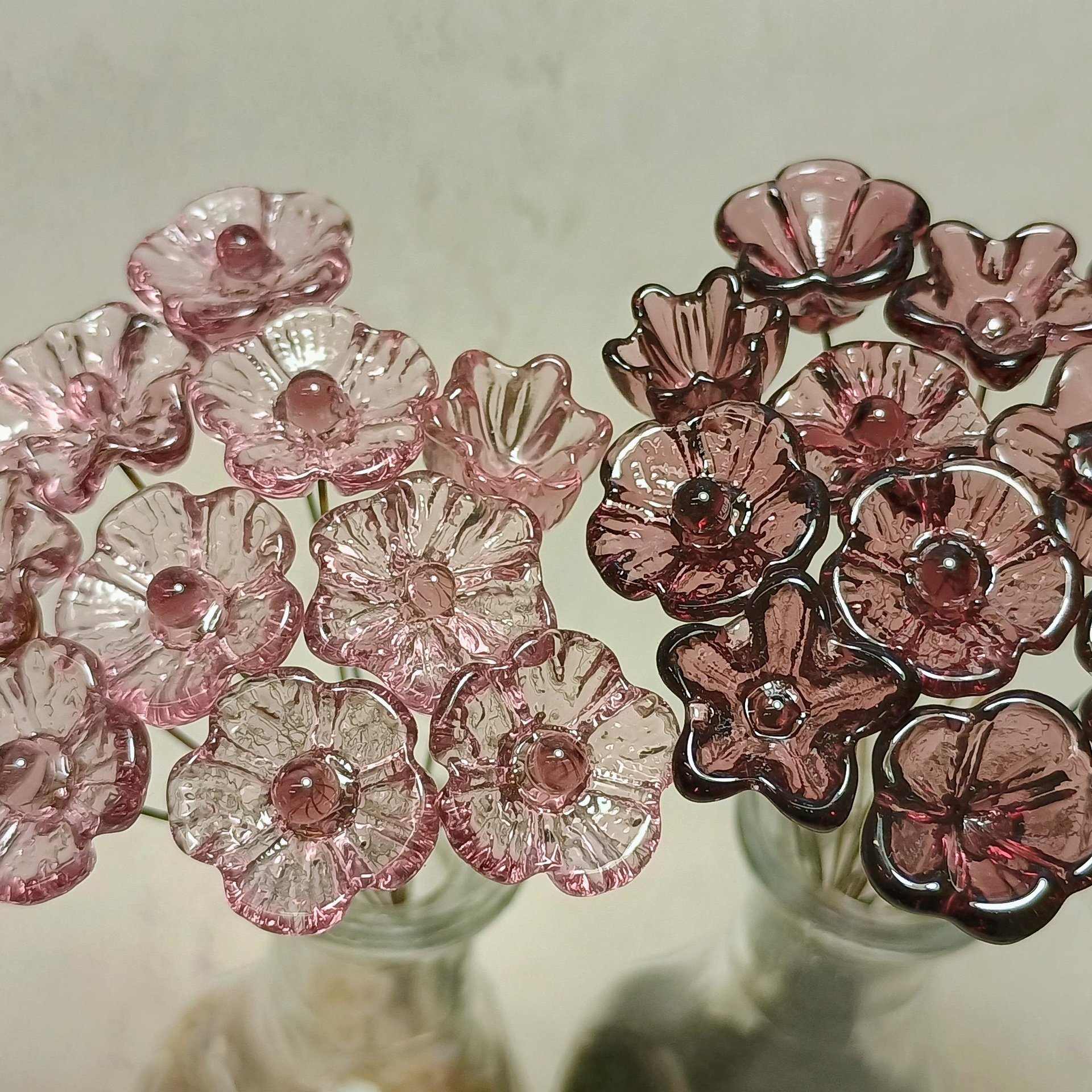 LIGHT ROSE' WINE 5-petal glass flower headpins ~ tiny small mini glass flowers on wire; handcrafted lampwork,