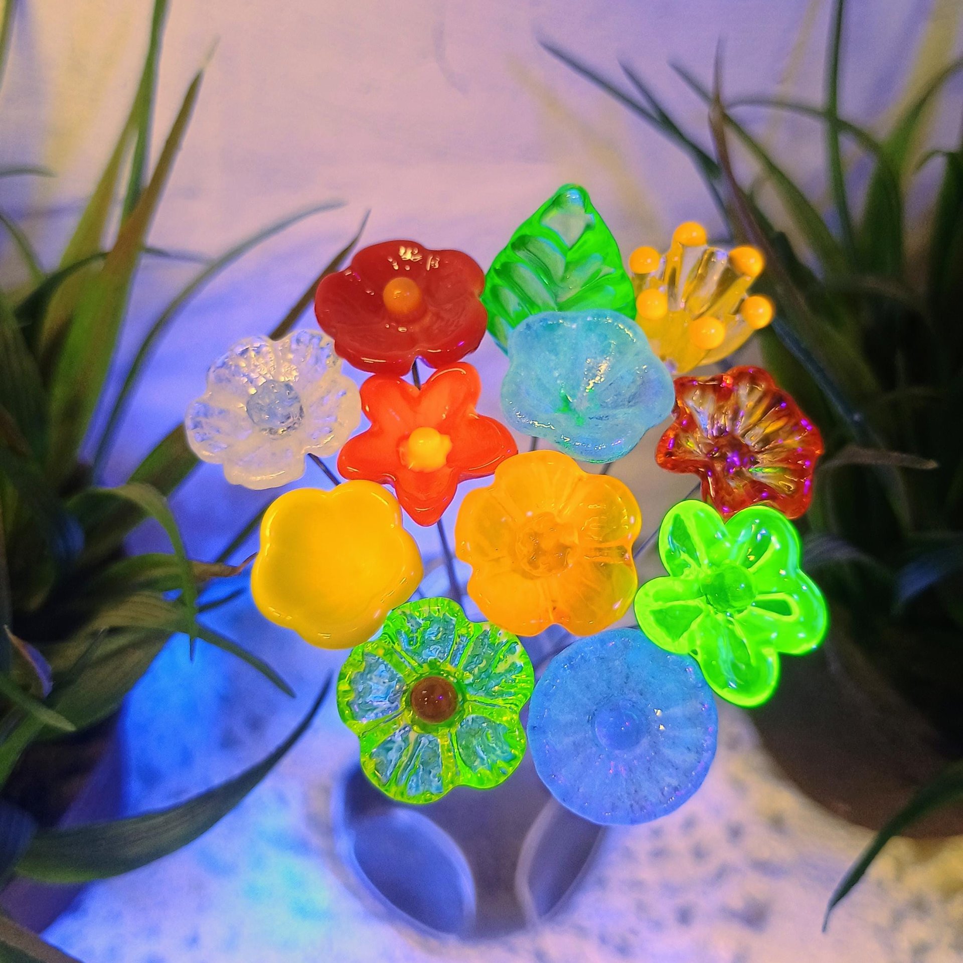 Uranium RAINBOW GLOW Bouquet multi color UV reactive mini tiny small glass flowers individually crafted lampwork colorful bouquet 395nm best