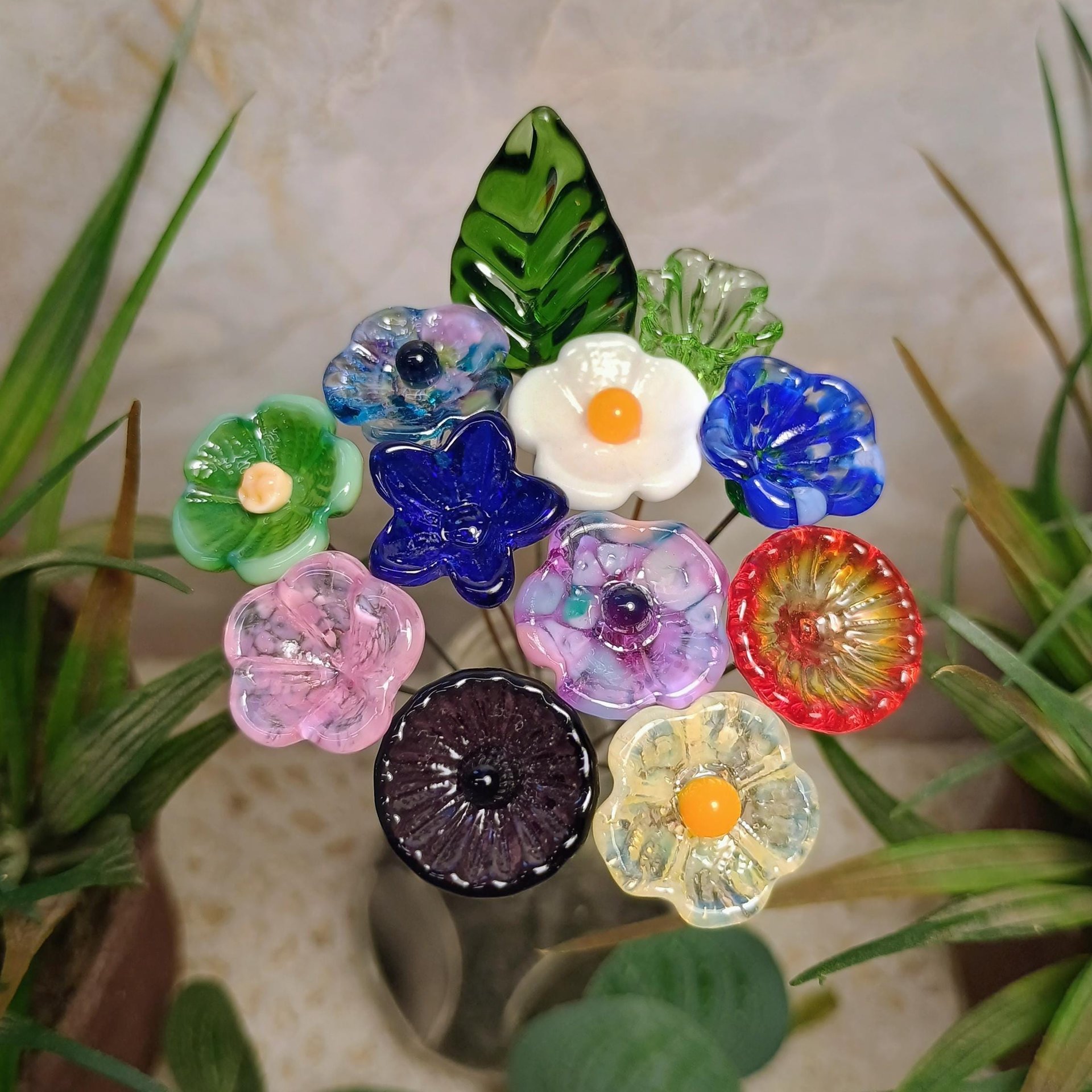 Surprise Me/Mix It Up Glass Flower Bouquet, tiny mini small glass flowers handcrafted lampwork, gift, wedding, coworker, just because