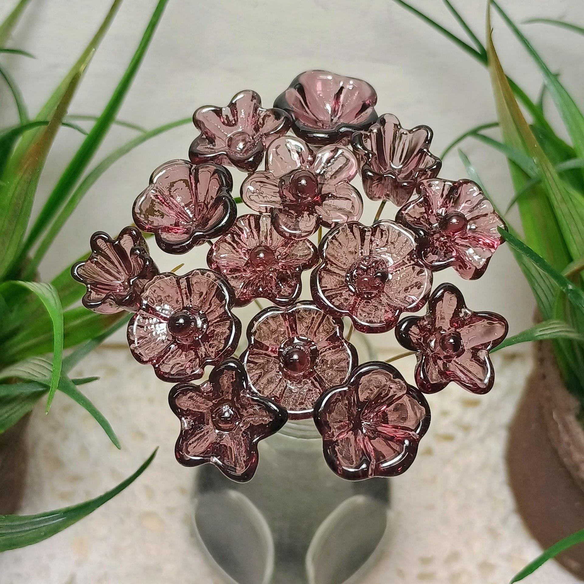 DARK ROSE' WINE glass flower headpins; mini tiny small glass flowers on wire; handcraft lampwork, jewelry, mixed media, wedding, plant, gift