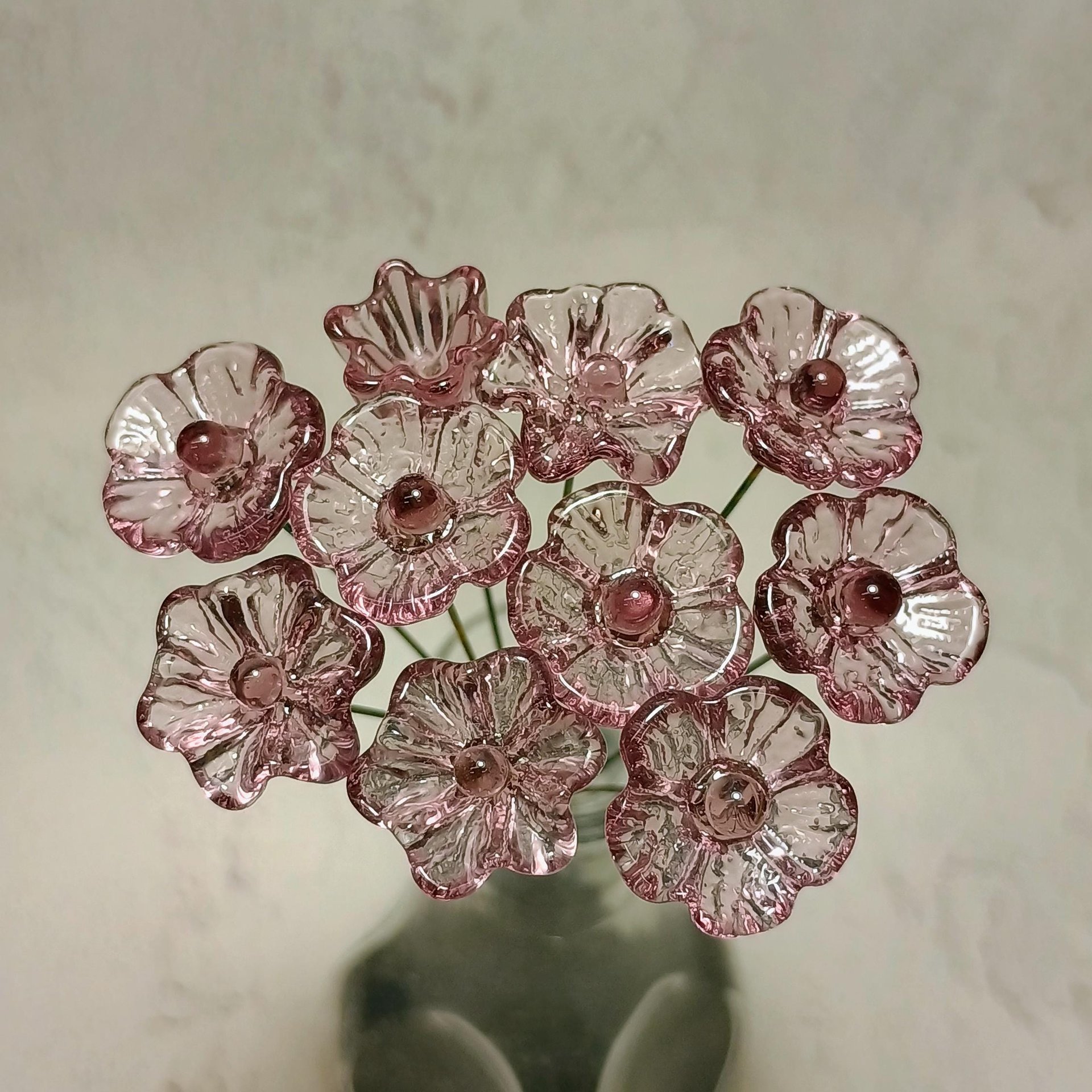 LIGHT ROSE' WINE 5-petal glass flower headpins ~ tiny small mini glass flowers on wire; handcrafted lampwork,