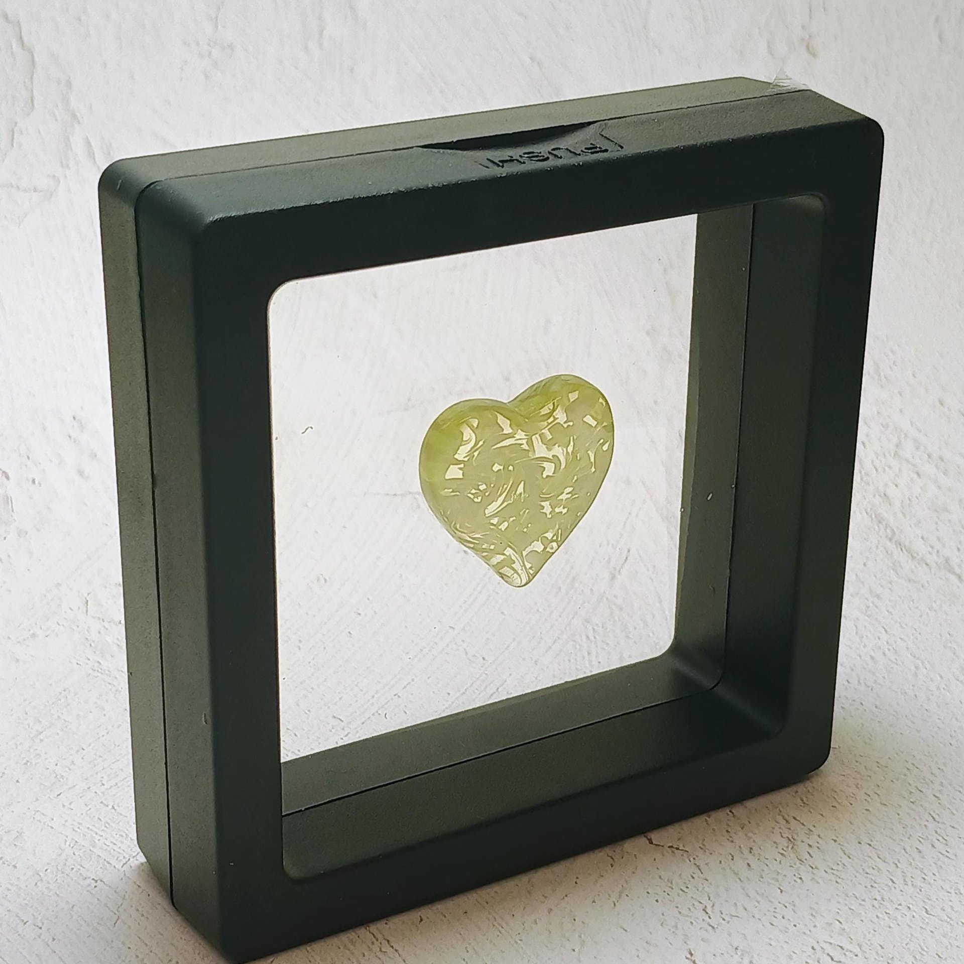 My Heart Glows! Uranium Small Heart  3/4in, vasoline glass with white swirls. lampwork pocket heart, cabachon, wire wrapping, jewelry, curio