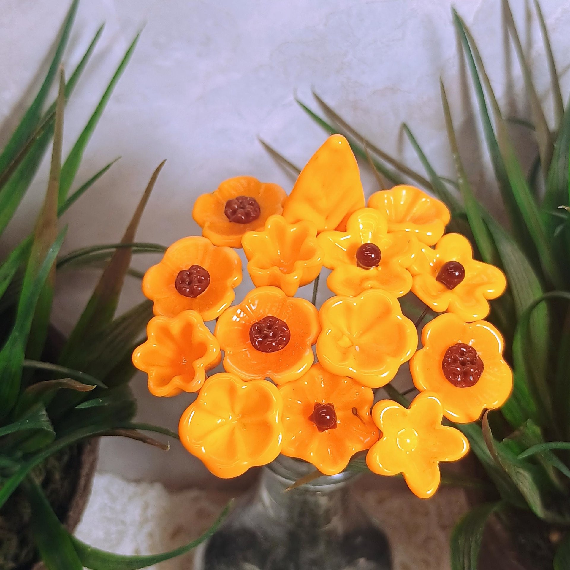 Merigold Butterscotch tiny glass flowers on wire headpins; handcraft lampwork: jewelry, gifts, wedding, bouquets, mixed media fall autumn