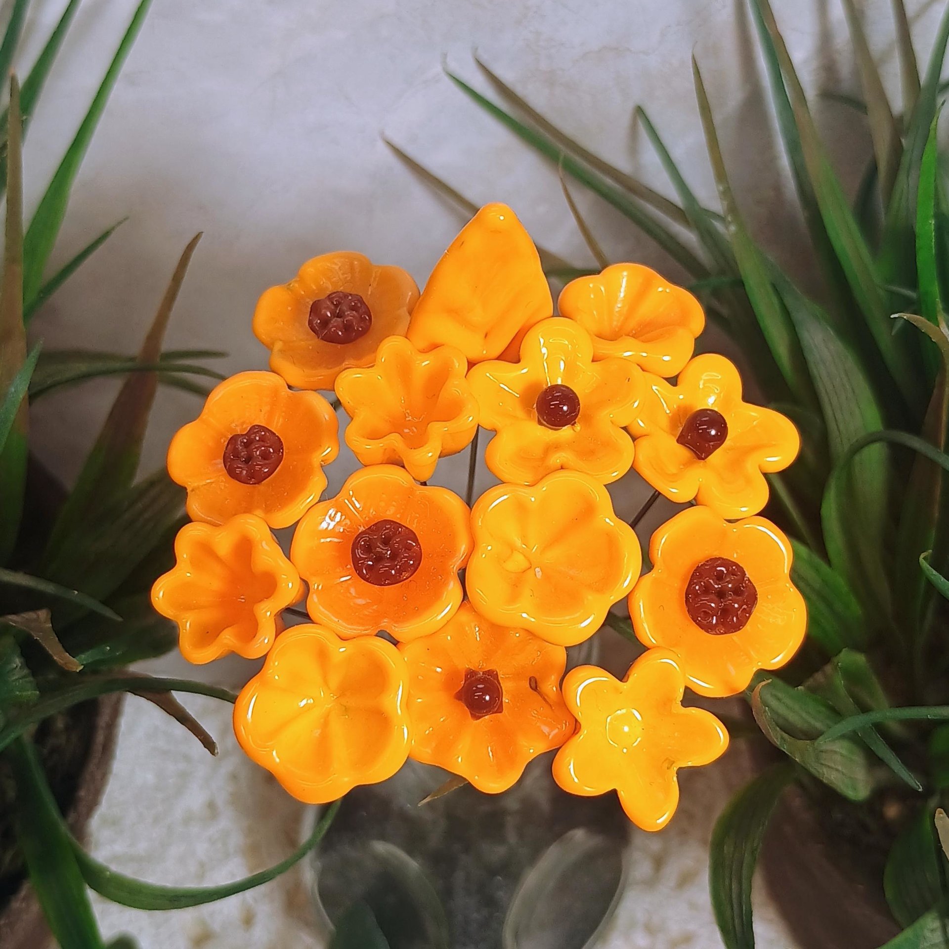 Merigold Butterscotch tiny glass flowers on wire headpins; handcraft lampwork: jewelry, gifts, wedding, bouquets, mixed media fall autumn