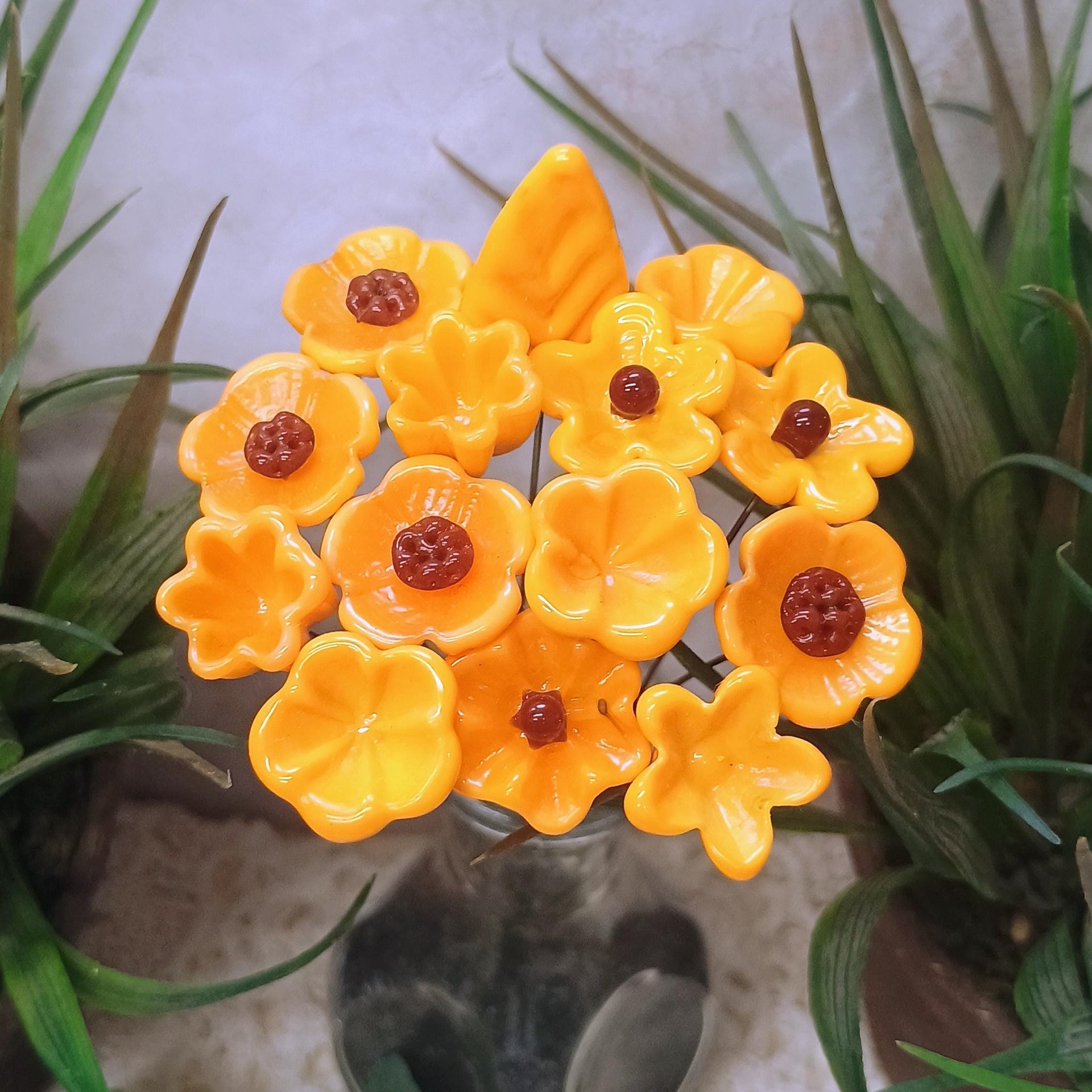 Merigold Butterscotch tiny glass flowers on wire headpins; handcraft lampwork: jewelry, gifts, wedding, bouquets, mixed media fall autumn