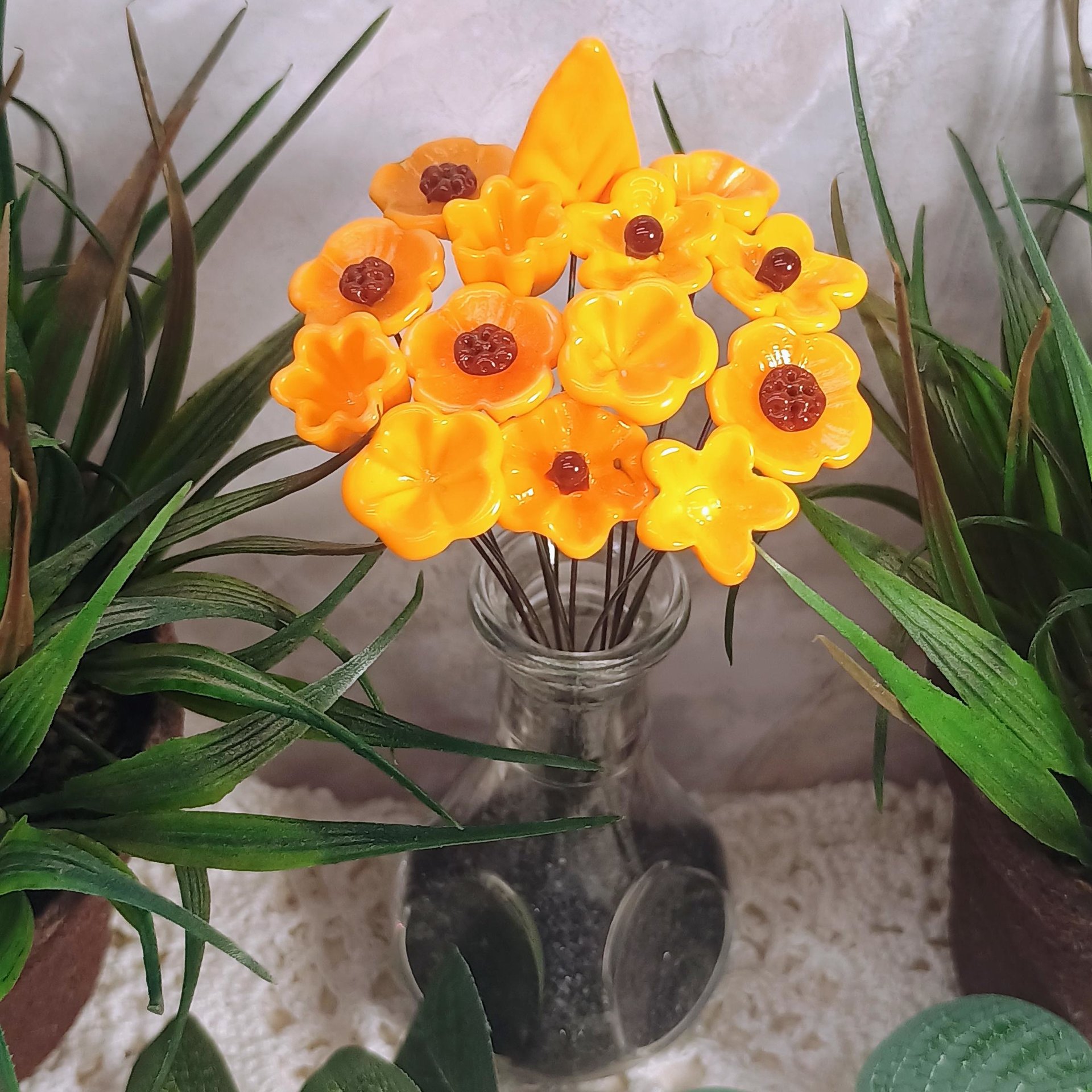 Merigold Butterscotch tiny glass flowers on wire headpins; handcraft lampwork: jewelry, gifts, wedding, bouquets, mixed media fall autumn